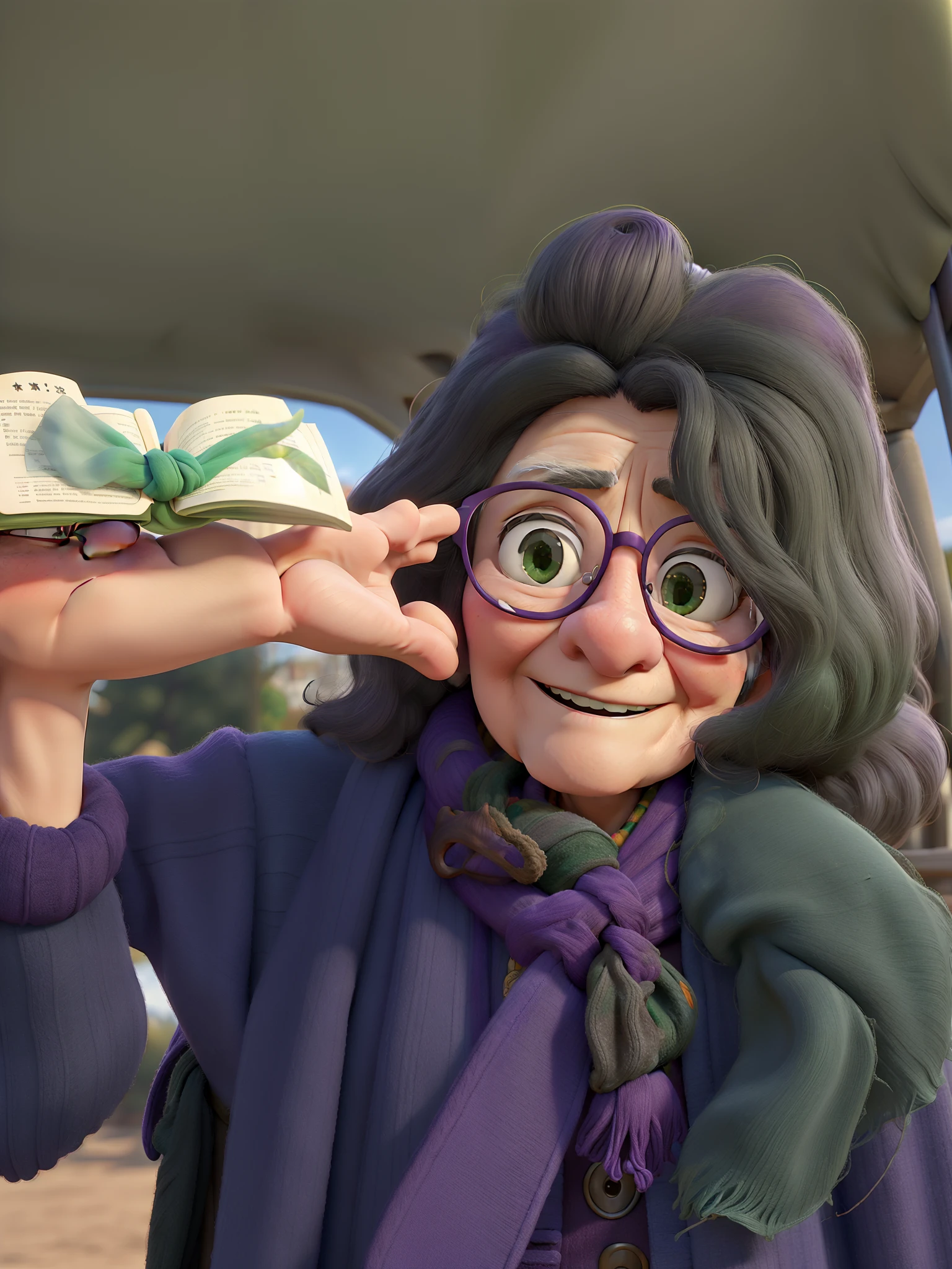 masterpiece, best quality, an old woman with glasses and a scarf on, wearing a purple coat and green scarf, standing at the park