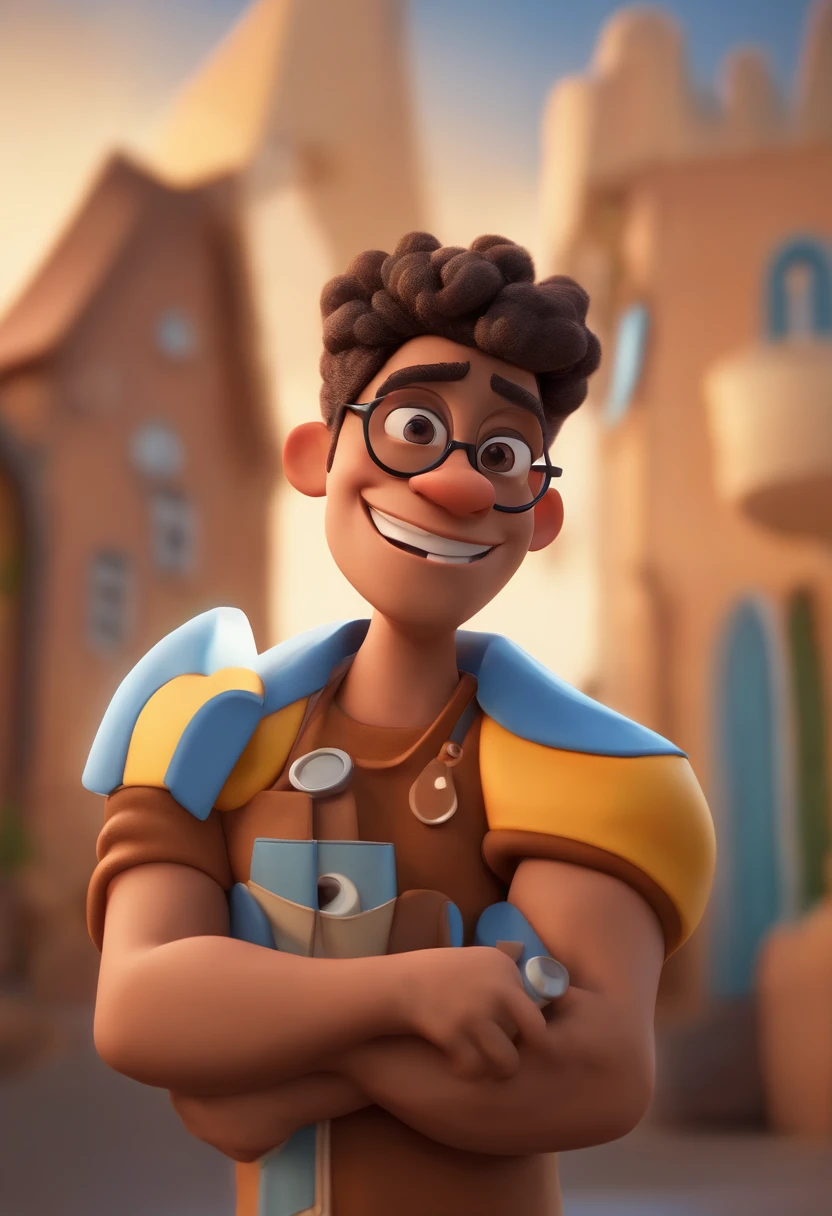 Cartoon character of a man with black glasses, cabelo cacheado marrom escuro e uma camisa azul, animation character, Caractere estilizado, animation style rendering, 3D estilizado, Arnold Maya render, 3 d render stylized, toon render keyshot, Personagem 3D, Personagem 3D, 3d rendering stylized, 3 d character render, personagem de desenho animado, Personagem de close up, Pose de personagem,  (Estilo Pixar) (master part:1.2) (Bokeh) (best quality) (pele detalhada) (textura detalhada) (8k) (argila) (Cinematic lighting) (foco nítido