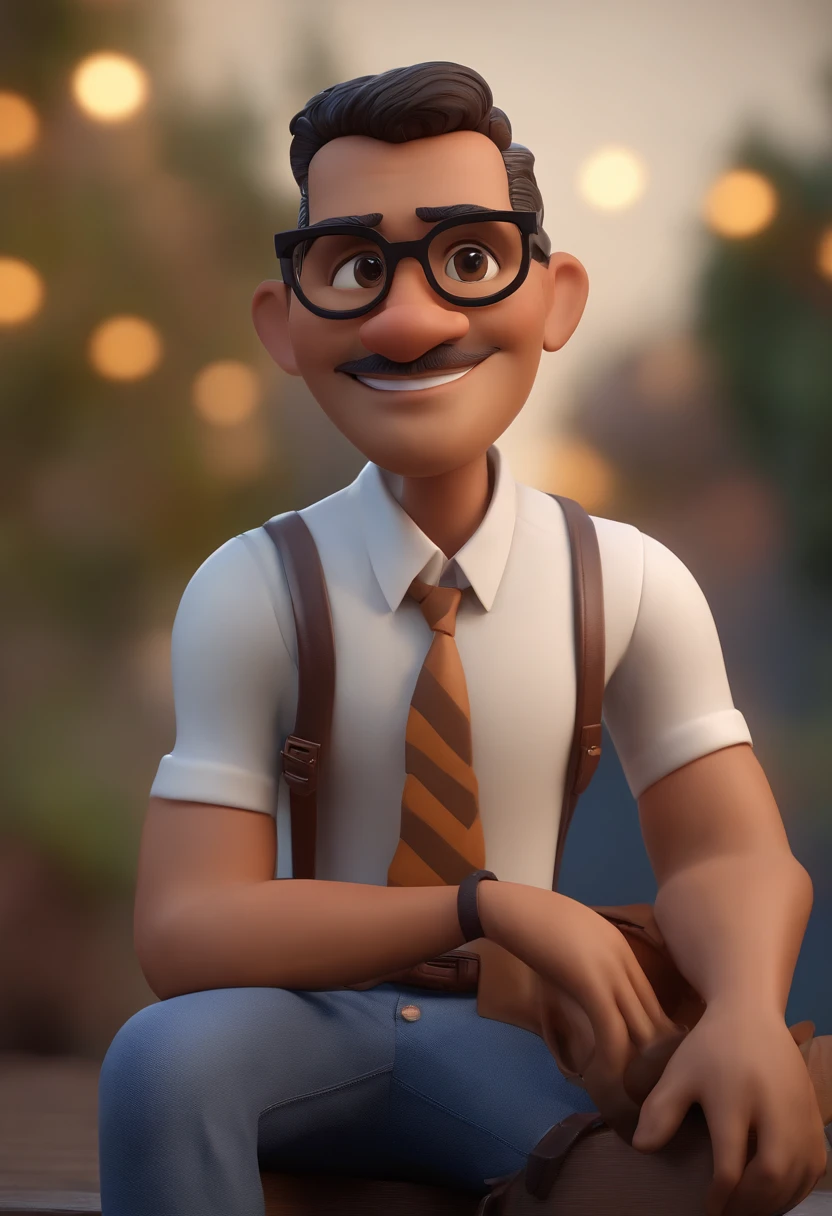 Cartoon character of a man with black glasses, cabelo cacheado marrom escuro e uma camisa azul, animation character, Caractere estilizado, animation style rendering, 3D estilizado, Arnold Maya render, 3 d render stylized, toon render keyshot, Personagem 3D, Personagem 3D, 3d rendering stylized, 3 d character render, personagem de desenho animado, Personagem de close up, Pose de personagem,  (Estilo Pixar) (master part:1.2) (Bokeh) (best quality) (pele detalhada) (textura detalhada) (8k) (argila) (Cinematic lighting) (foco nítido