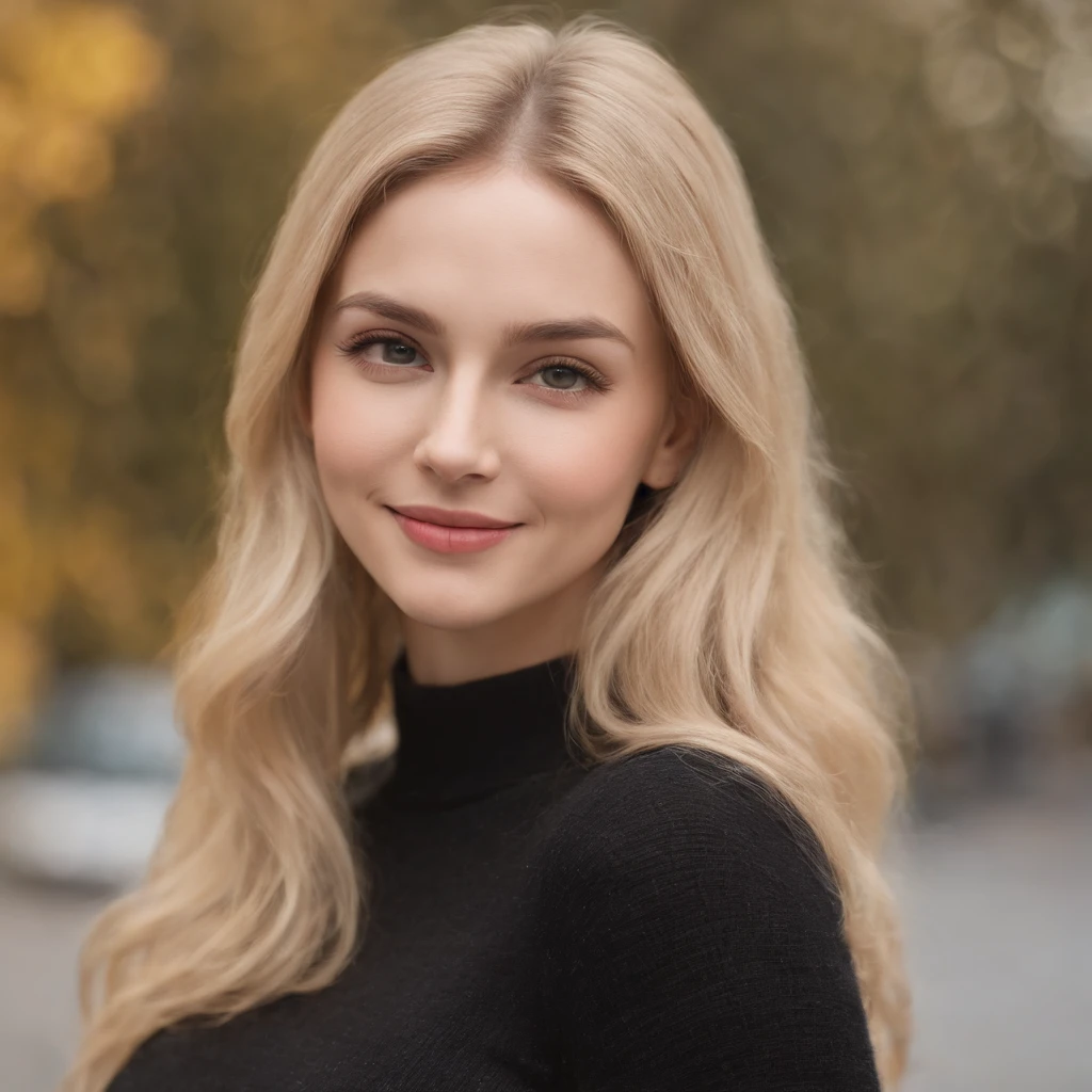 Masterpiece, absurdres,HDR ,highly detailed eyes and face,smiling, beautiful nod_woman, a woman with long blonde hair and a black sweater ,perfect nod_body,perfect nod_face,
