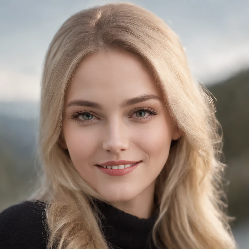 Masterpiece, absurdres,HDR ,highly detailed eyes and face,smiling, beautiful nod_woman, a woman with long blonde hair and a black sweater ,perfect nod_body,perfect nod_face,
