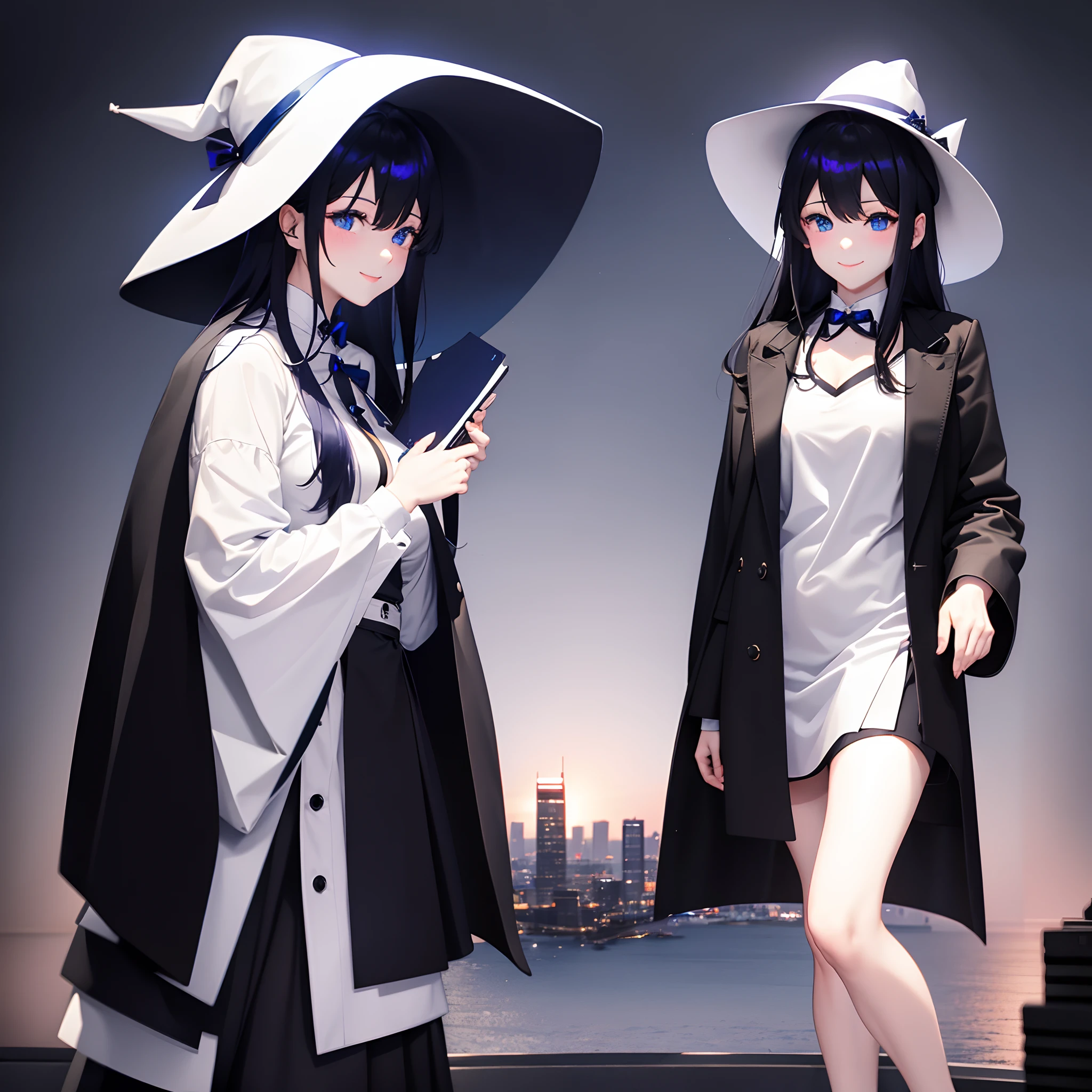 I am on the roof of a building where I can see the night view of Tokyo at midnight、White medium shorthair with blue-purple mesh、Looking at me with a smile、Black sneakers with white shoelaces、Large black witch hat with sapphire accessories、Blue eyes with highlights、Crisp and slightly pinched eyes、27-year-old woman with small breasts、small tits、Small、discreet breasts、Looking at me with a smile、Black long coat、Black Midi Skirt、White inner camisole、white t-shirt、hiquality、Fine writing、High Details
