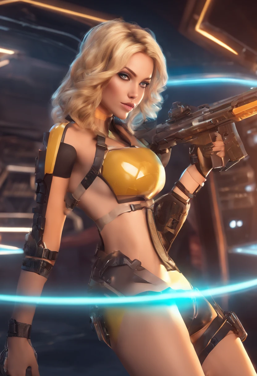 Woman, cute, long wavy blond hair, buxom, cleavage, black latex one-piece swimsuit, low slung belt, gun, action pose, in a futuristic high tech facility
