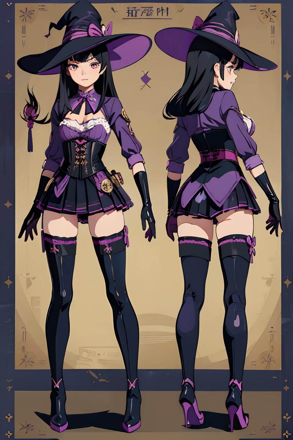 ((masterpiece)),(((best quality))),(Character design sheet, same character, same outfit ""body front view,), illustration, 1 girl in, long black hair , golden eyes, genshin impact style, purple magical girl style witch clothing, full body, hat, corset, blouse, skirt, thigh-tight stockings, leather boots and gloves, digital background, casting shadow.