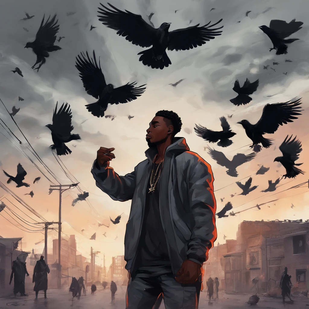 Black man, hip hop style, on an urban street, surrounded by a cloud of crows, fantasy art