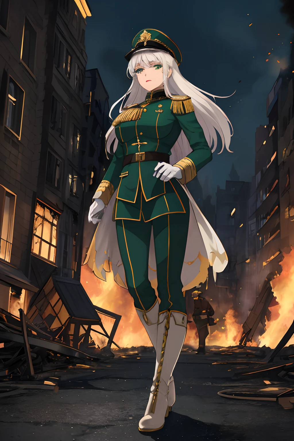 Elena is a woman of european descent, she has white hair and emerald green eyes. She wears a green prussian inspired generals uniform with white pants with gold epaulettes and gold accents. She wears a commanders cap,and knee high black boots standing in a burning city, ordering soldiers around. (best quality,4k,8k,highres,masterpiece:1.2),ultra-detailed,realistic:1.37,HDR,studio lighting,extreme detail description,professional,vivid colors,bokeh, sharp focus,physically-based rendering,long hair,confident expression,dark outfit,conflict,chaos,devastation,smoke,burning buildings,firefighters in action,tense atmosphere,cityscape,nighttime,glowing embers,apocalyptic scenery.