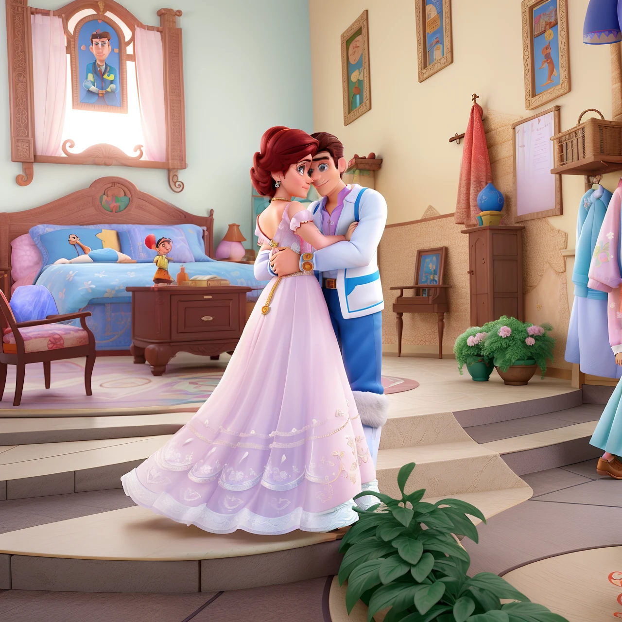 Casal (homem moreno e mulher branca) no estilo Disney Pixar, alta qualidade, melhor qualidade.