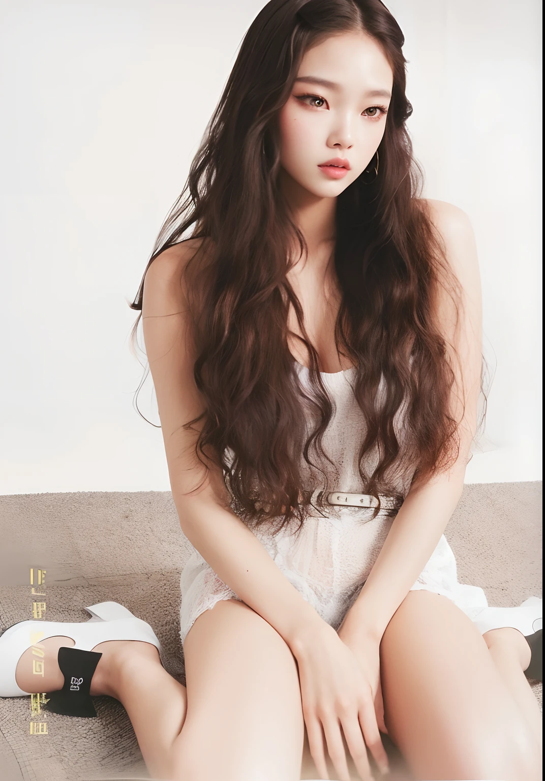 um close up de uma pessoa sentada em uma cama com um telefone celular, varredura de revista, jennie blackpink, varredura da sede, foto da revista, Bae Suzy, photoshoot revista brilhante, varredura uhq, com longos cabelos cacheados, photoshoot revista, Seseon Yoon, jossi do blackpink, com cabelos longos, Heonhwa Choe, Krystal, Parque Ji-min
