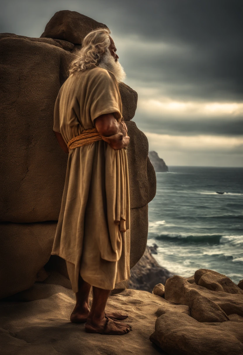 Moses 4000 years ago in front of the Sea , epic realistic,Soft Photo Portrait,Adobe lightroom, photographic lab,altamente detalhado,desbotado,(HDR:1.4)(artisttstion:1.4), cinemactic,dramatic light (detalhes intrincados:1.1)