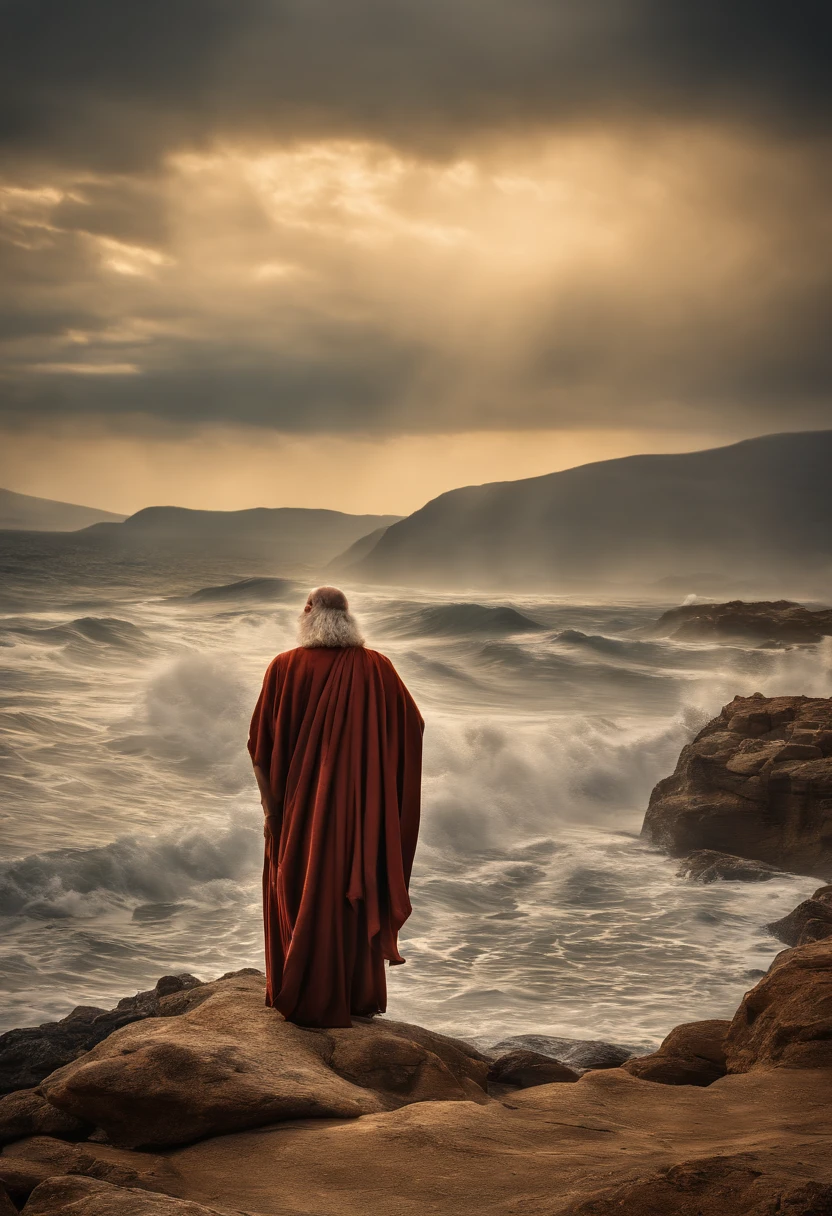 Moses 4000 years ago in front of the Sea , epic realistic,Soft Photo Portrait,Adobe lightroom, photographic lab,altamente detalhado,desbotado,(HDR:1.4)(artisttstion:1.4), cinemactic,dramatic light (detalhes intrincados:1.1)