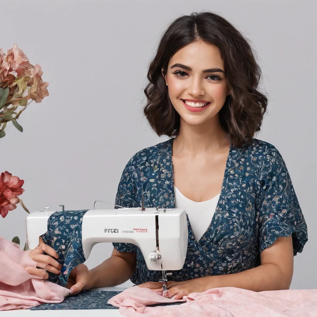 25-year-old Hispanic woman, smiling while sewing a perfect garment, shows dexterity and a lot of joy, the garments she is sewing are brightly colored and the atmosphere is cheerful, .RAW