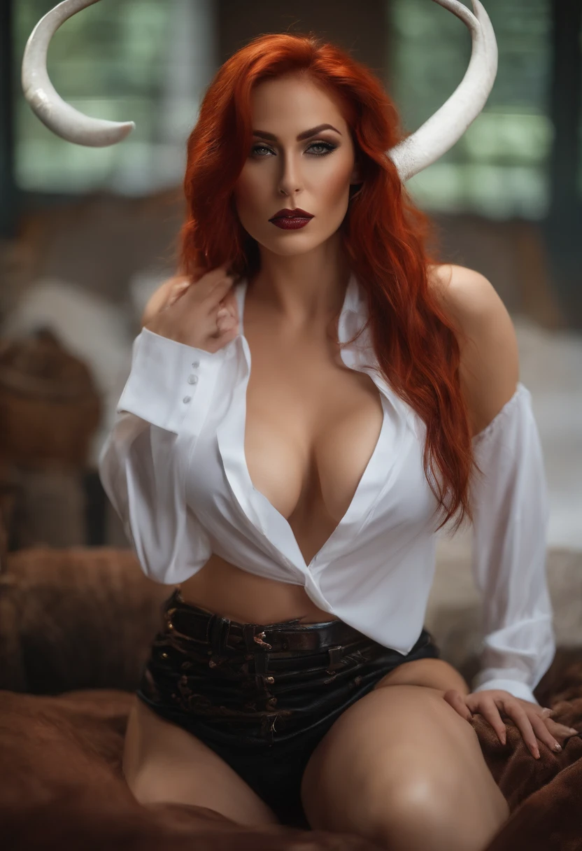 altamente detalhado, Seductive erotic female with horns, camisa apertada da pele, (peituda, boobs are so huge shirt keeps popping, red hair), centrado no rosto, Face Focada, olhos intrincados,