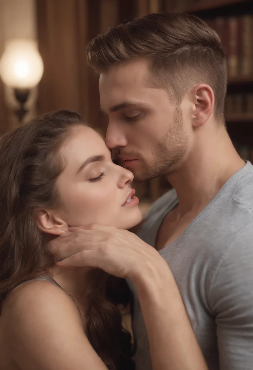 Two young (((male))) individuals, both 25 years old, are locked in a passionate kiss in the library. They both flaunt their shirtless, athletic bodies, wearing dress pants. One of them possesses a stunningly beautiful face with defined features and expressive eyes. The scene is illuminated with cinematic lighting, highlighting the intricate details and meticulously detailed skin. The photograph, taken by the renowned Jumble-House Studio, is in 8K resolution with HDR, providing unparalleled quality and sharp focus.