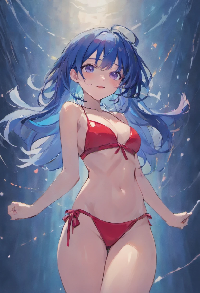 A sexy navy blue haired girl with a sexy body, she has a beautiful smile on her face, she wears a small red bikini, her lips are very pretty and pink, her hands are very nice.