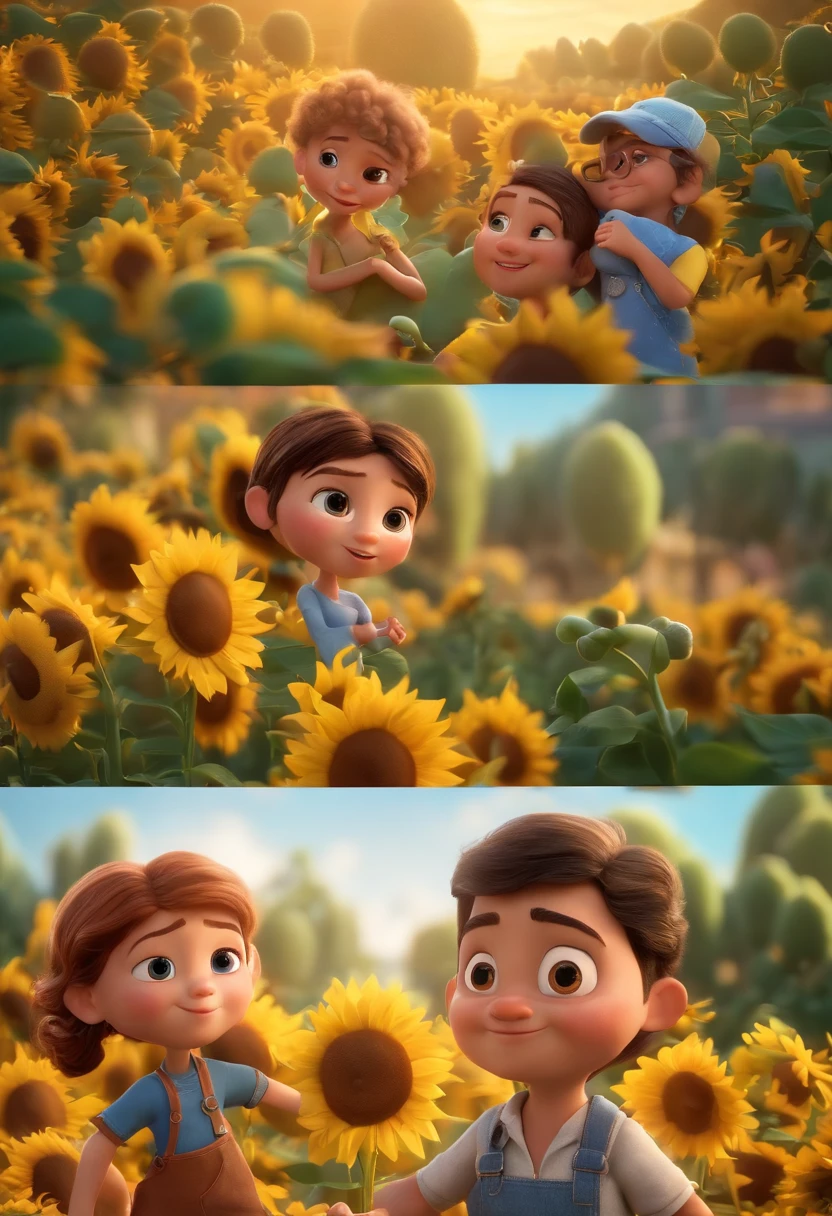 Create a Disney PIXAR-style 3D poster. ((centro da imagem, Triplets)), ((3 children)) ((1  no meio e 2 meninaado, They're hugging each other, O menino tem pstanha e cabelos castanhos escuros e olhos castanhos escuros, 1 menina tem pele cllhos e cabelos escuros e cacheados, e a outra menina tem pele morena, escuros e cabelos escuros e lisos)) ((tudo isso no estilo Disney PIXAR 3D, In the background, A house of sunflowers, Gloria Studio, The garden is full of nature 3D render RTX clay material, estilo de design cartunesco, POP Mart, soft lighting, linhas suaves, Spring tilt, Detailed illustrations of PIXAR 3D, Detalhes hiper-realistas, cor quente no estilo Disney PIXAR 3D))