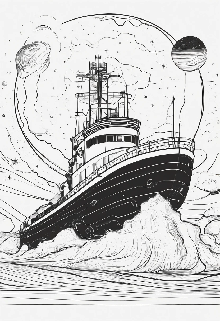 tugboat in outter space around planets