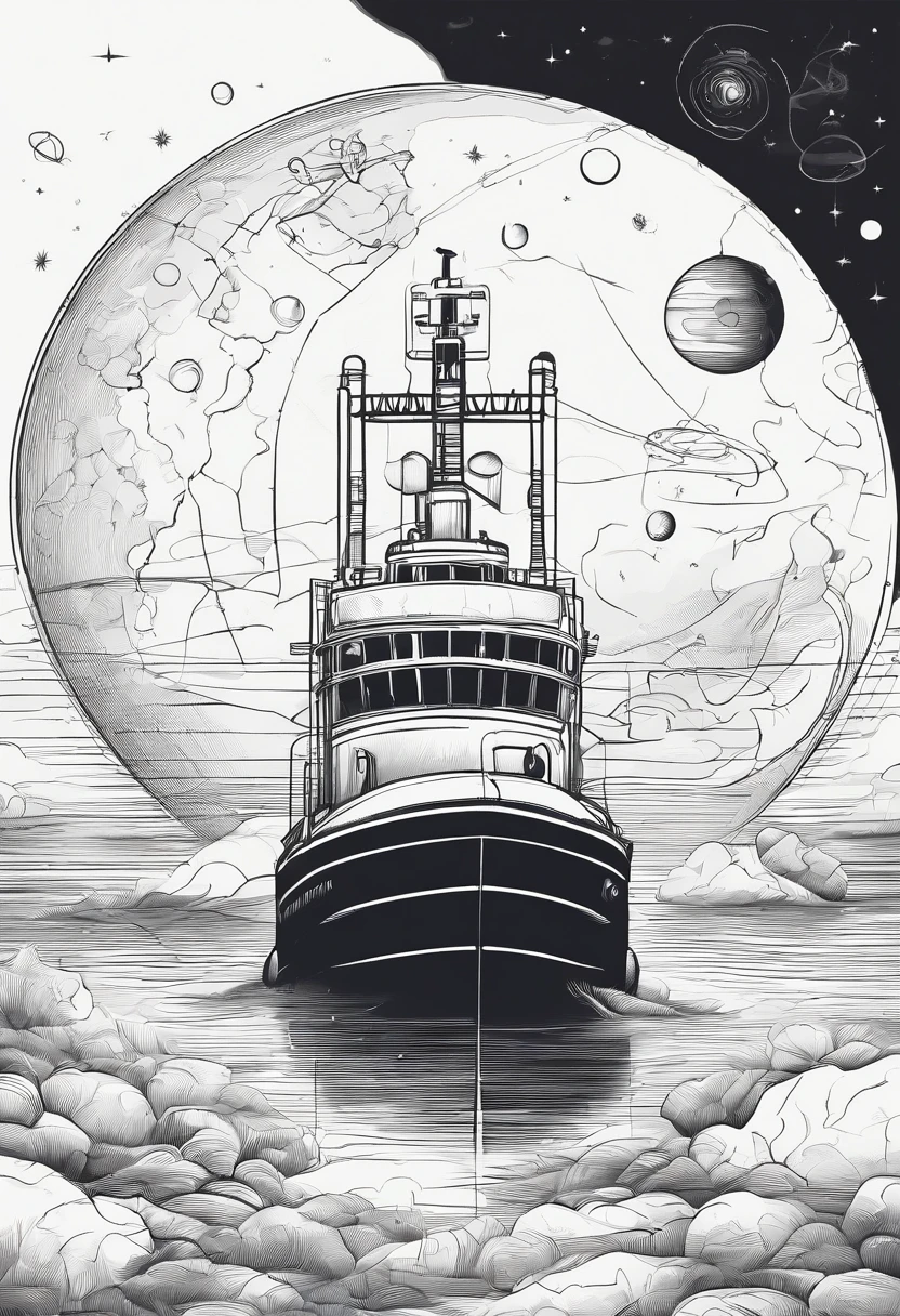 tugboat in outter space around planets