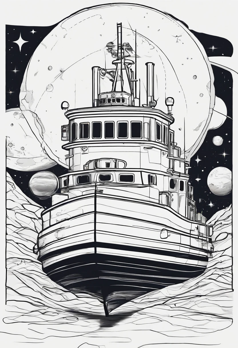 tugboat in outter space around planets