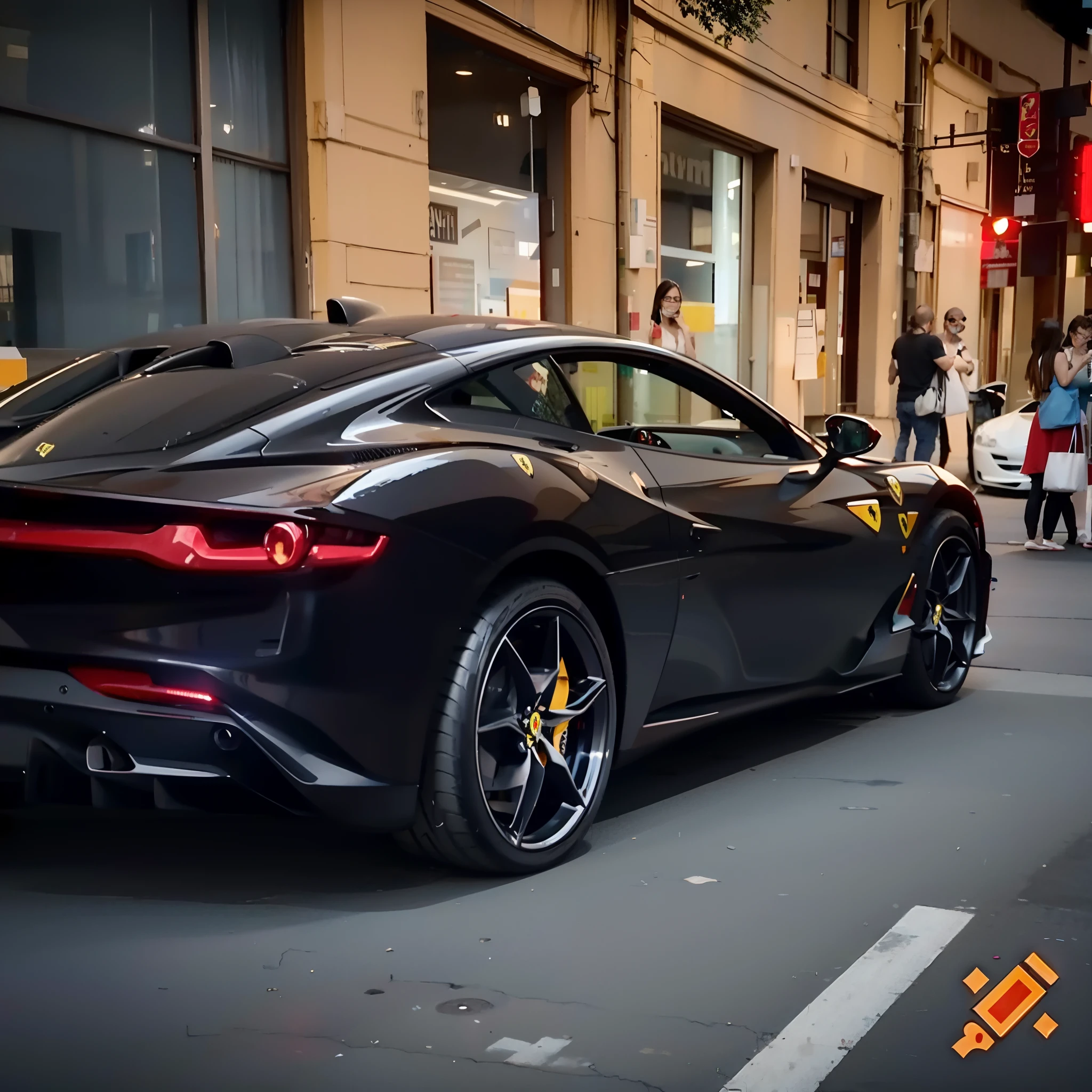 Impressionante Ferrari Roma preta estacionada em uma vibrante rua de Sydney