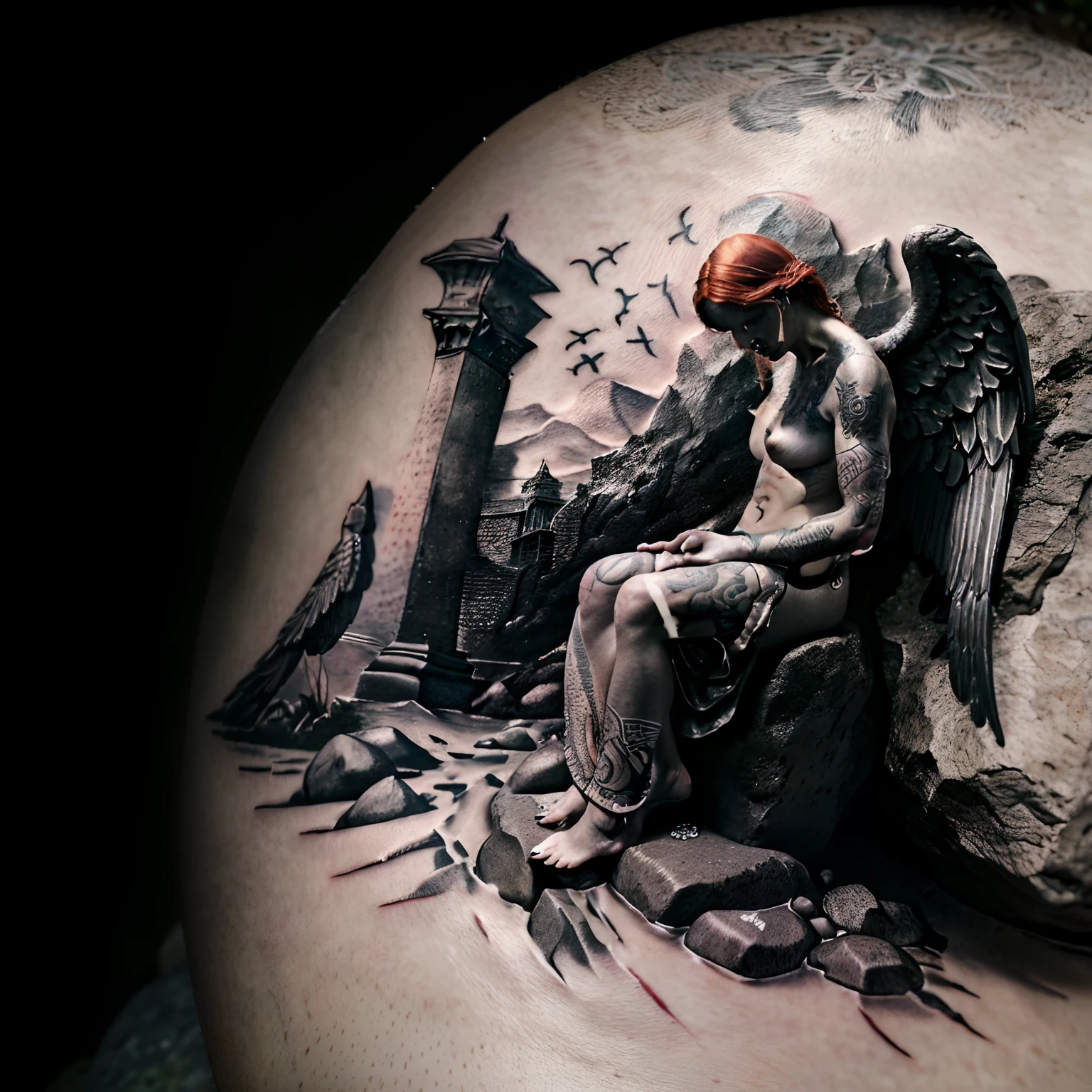 a close up of a tattoo of an angel sitting on a stone, realism tattoo design, realism tattoo, hyper realistic shaded tattoo, 3 d design for tattoo, realistic detailed masterpiece, realism tattoo sketch, realism tattoo drawing, super intricate realism, by Tom Wänerstrand, black and grey tattoo style, dark and realistic, tattoo art, angel sitting on a rock, with a busty redhead girl next to him with pale skin and green eyes.