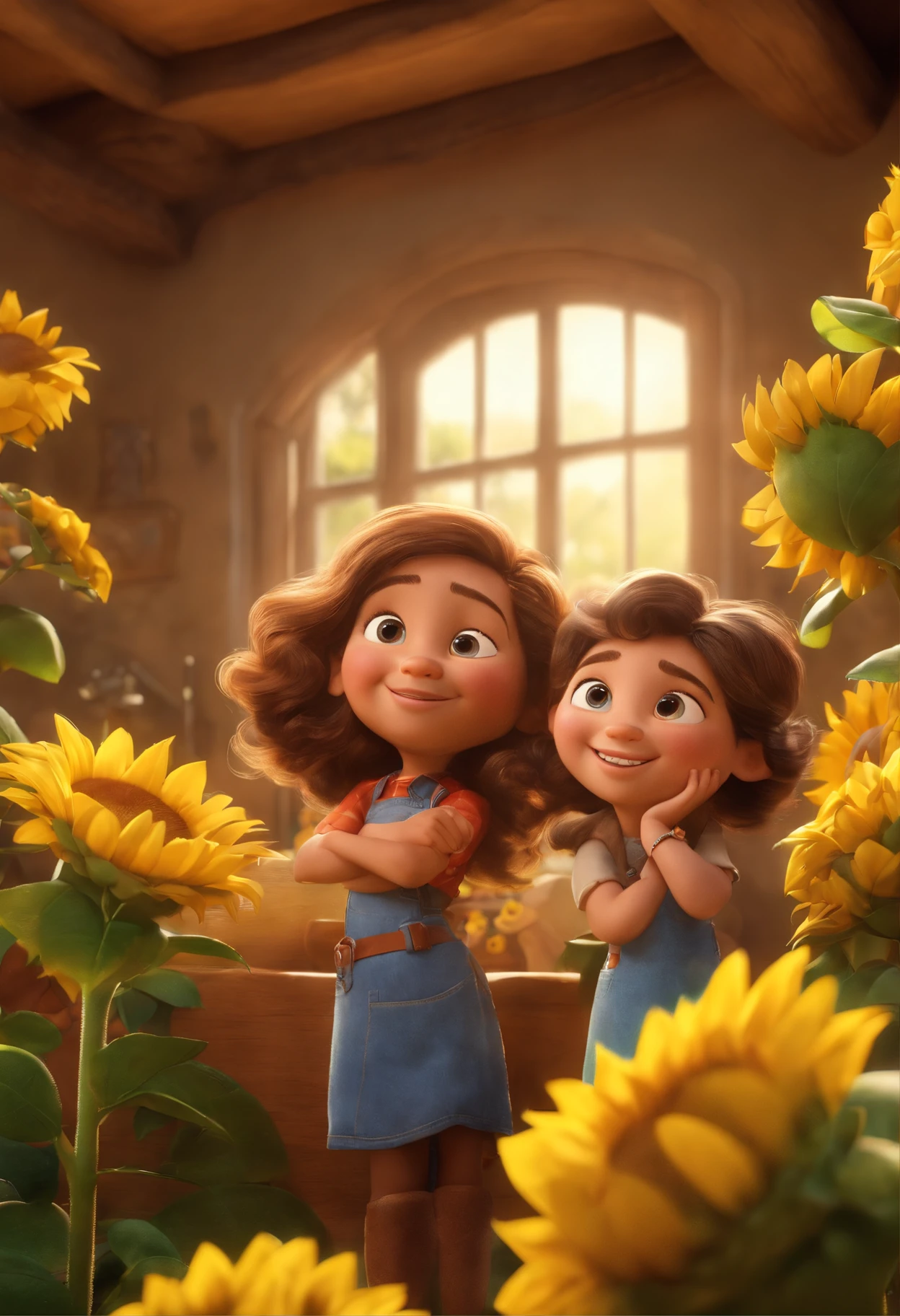 Create a Disney PIXAR-style 3D poster. ((centro da imagem, Triplets)), ((3 )) ((1 menino no meio e 2 meninas ao lado, They're hugging each other, O menino tem pele castanha e cabelos castanhos escuros e olhos castanhos escuros, 1 menina tem pele clara, olhos e cabelos escuros e cacheados, e a outra menina tem pele morena, olhos escuros e cabelos escuros e lisos)) ((tudo isso no estilo Disney PIXAR 3D, In the background, A house of sunflowers, Gloria Studio, The garden is full of nature 3D render RTX clay material, estilo de design cartunesco, POP Mart, soft lighting, linhas suaves, Spring tilt, Detailed illustrations of PIXAR 3D, Detalhes hiper-realistas, cor quente no estilo Disney PIXAR 3D))