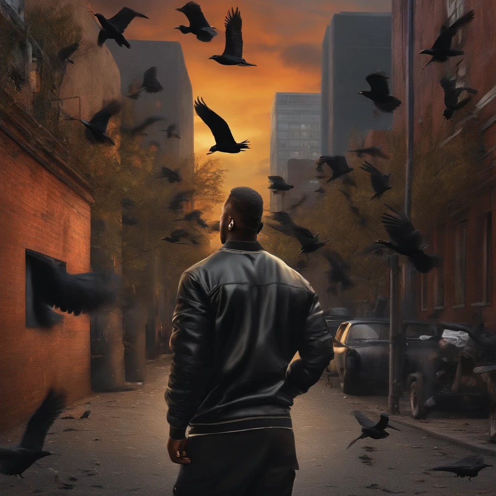 Black man, hip hop style, on an urban street, surrounded by so many crows that it is almost impossible to see the background of the image, realism art