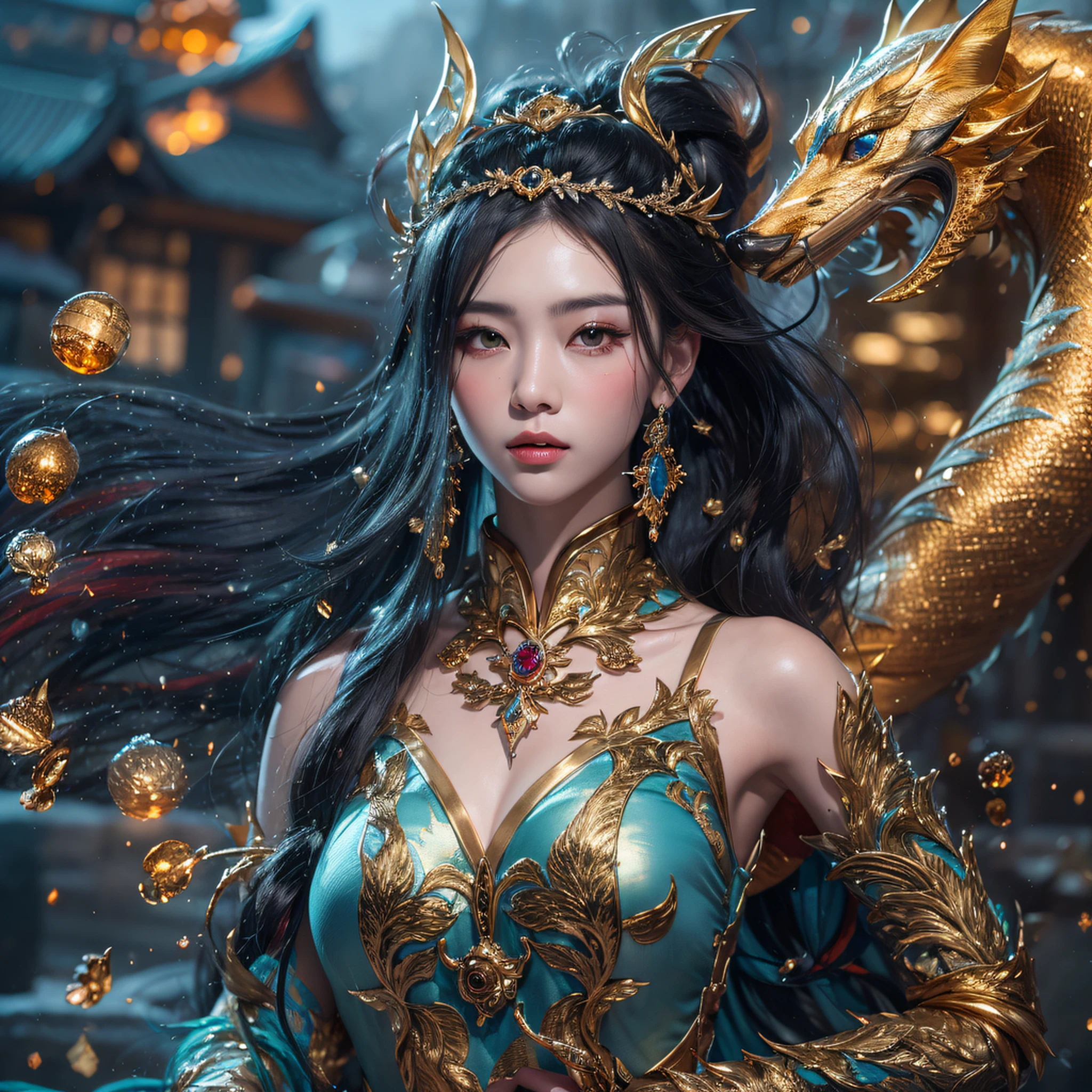 A Chinese girl sitting on a throne, a throne encrusted with precious stones, surrounded by Chinese phoenix beasts, gold and ruby color, unique monster illustration, Dau al set, high resolution, a painting, dense composition, playful repetition, precious stones, crystals, gold, detailed paintings, unique monster illustrations, super fine details, realistic, super high resolution, complex, super detail, (skin dents), cute, feminine, detailed body, (Detailed face: 1.1), (contoured iris), (watercolor lenses), (perfect eyes), 4k, gorgeous, (masterpiece: 1.2), (best quality: 1.2), gorgeous long dress, dynamic pose, rich colors, film light and shadow