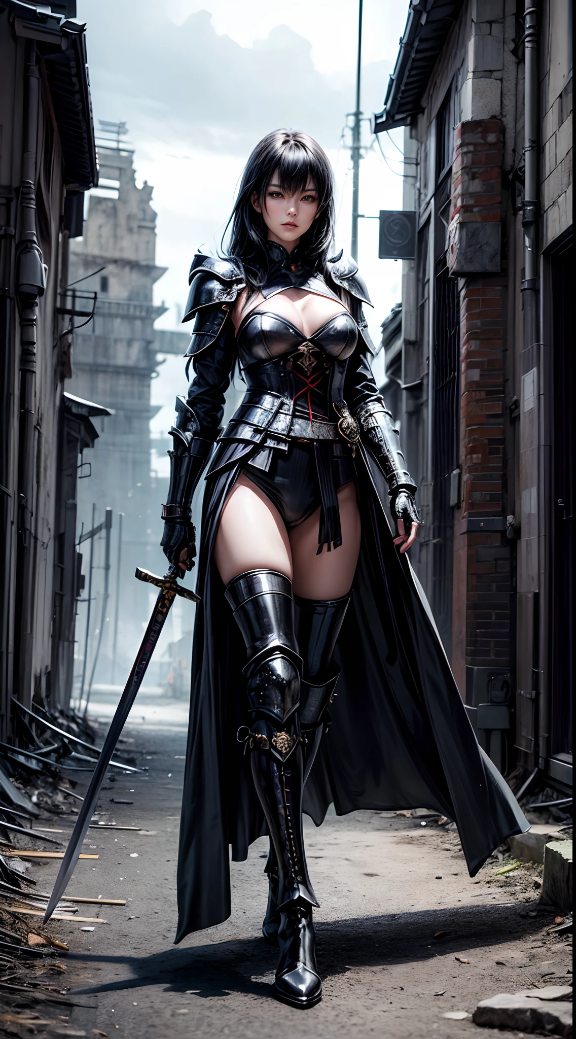 Pretty women, 40yr old,Solo,Japanese,Black Armor,high heels boots,Full body portrait,Female Warrior,Slender body,holding swords,robe,Manteau,Perfect face and nice perfect face, Surreal concept, 8K resolution, photographic quality, Walk through the ruins, Photorealistic,A detailed eye,Diagonal angle,