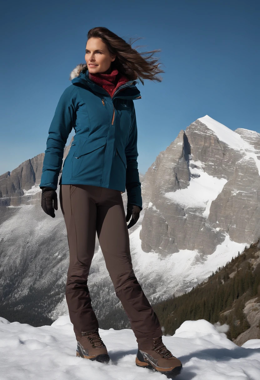 A striking brunette woman stands triumphantly atop a majestic mountain peak, her hair tousled by the alpine winds. She is garbed in stylish yet practical hiking attire, perfectly suited for the chilly altitude—a thermal winter jacket that hugs her frame, insulated leggings that allow for agile movement, and sturdy boots planted firmly on the rocky ground. The crisp mountain air flushes her cheeks with a natural rosy tint, adding to her rugged beauty. The expansive winter landscape around her is a breathtaking backdrop, accentuating her sense of adventure and the sheer scale of her achievement. As she gazes into the distance, her eyes reflect the vastness of the horizon—a symphony of snow-capped peaks and azure skies