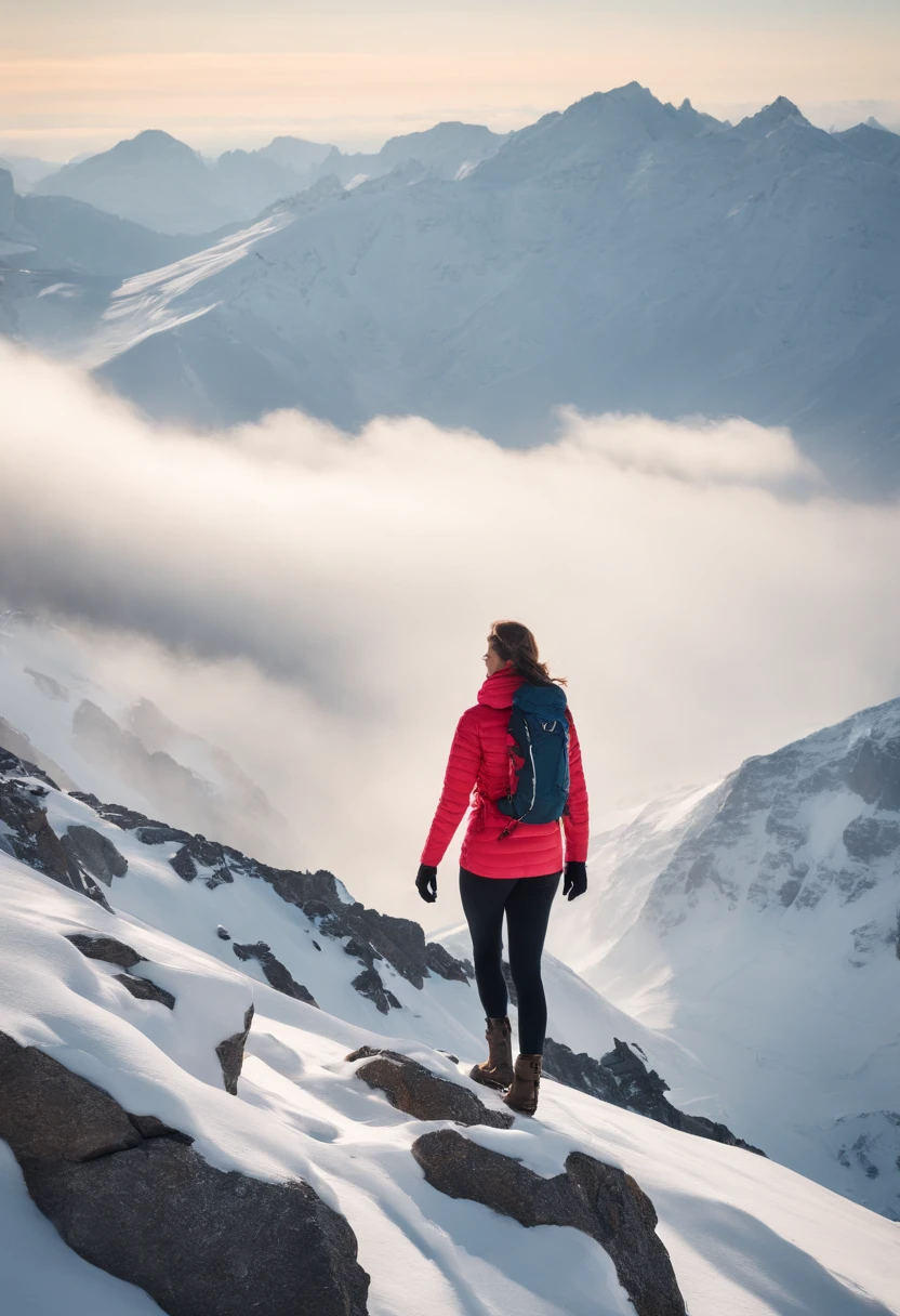 A striking brunette woman stands triumphantly atop a majestic mountain peak, her hair tousled by the alpine winds. She is garbed in stylish yet practical hiking attire, perfectly suited for the chilly altitude—a thermal winter jacket that hugs her frame, insulated leggings that allow for agile movement, and sturdy boots planted firmly on the rocky ground. The crisp mountain air flushes her cheeks with a natural rosy tint, adding to her rugged beauty. The expansive winter landscape around her is a breathtaking backdrop, accentuating her sense of adventure and the sheer scale of her achievement. As she gazes into the distance, her eyes reflect the vastness of the horizon—a symphony of snow-capped peaks and azure skies