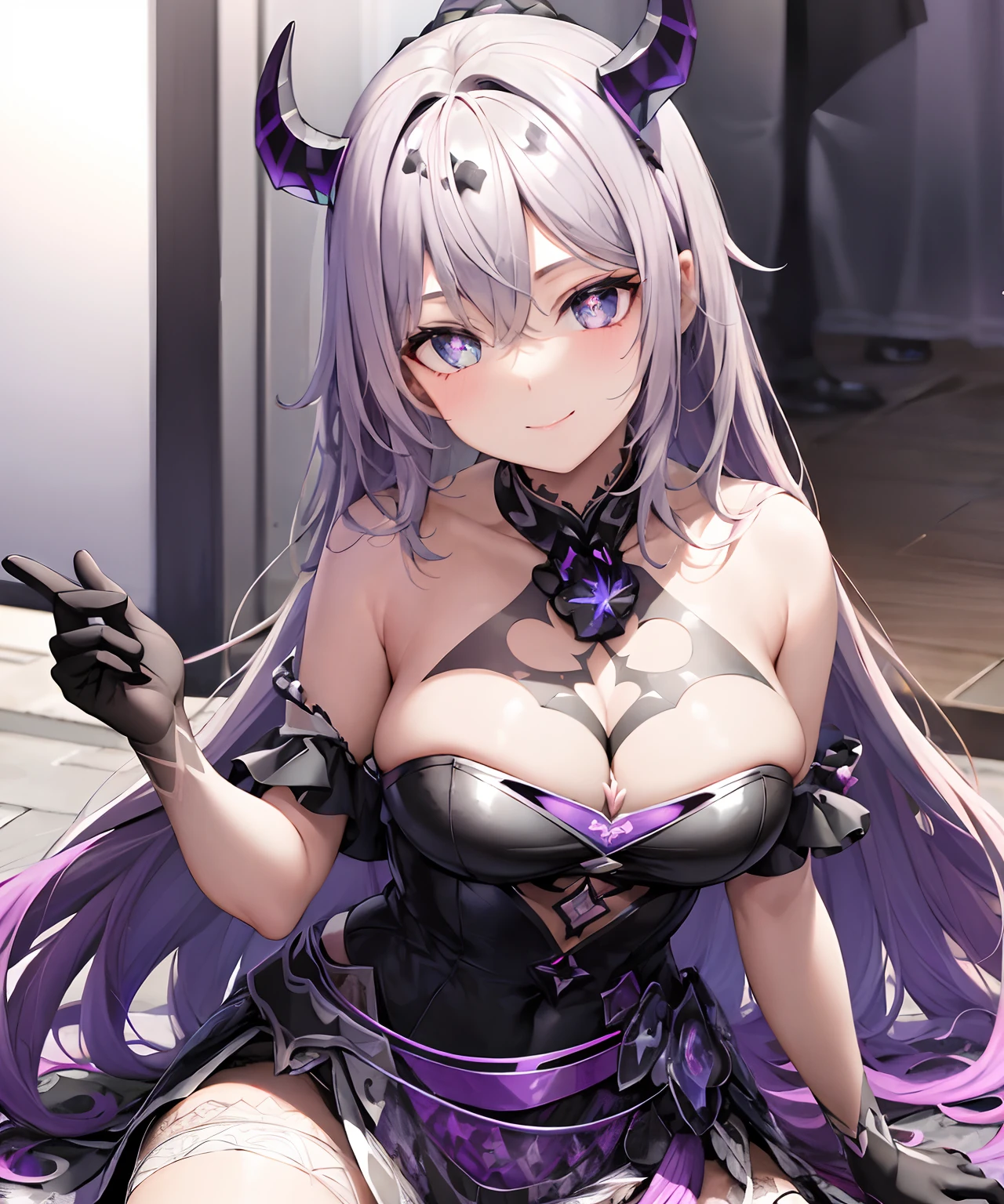 Black Valkyrie Dress with Purple, tons de preto e branco, - Olhos Vermelhos, Large large dragon horns on the forehead, sorrindo usando poderes de gelo no ambiente, sorrindo, peitos grandes, - Olhos violetas