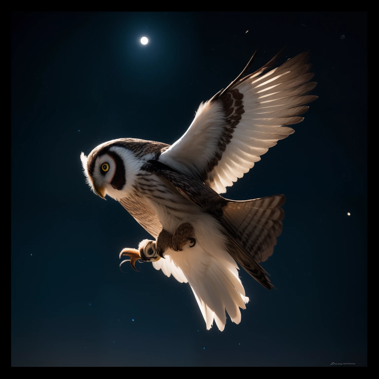 (best quality,ultra-detailed,extremely detailed,highres:1.2),masterpiece:1.2,flying brave owl,beautiful detailed feathers,sharp focus,realistic,photorealistic:1.37,vivid colors,bokeh,nighttime scene,night sky with stars,full moon,tree branches,wise eyes,feathered wings,graceful gesture,majestic presence,texture of feathers,portraits,concept artists,low key lighting,dark background