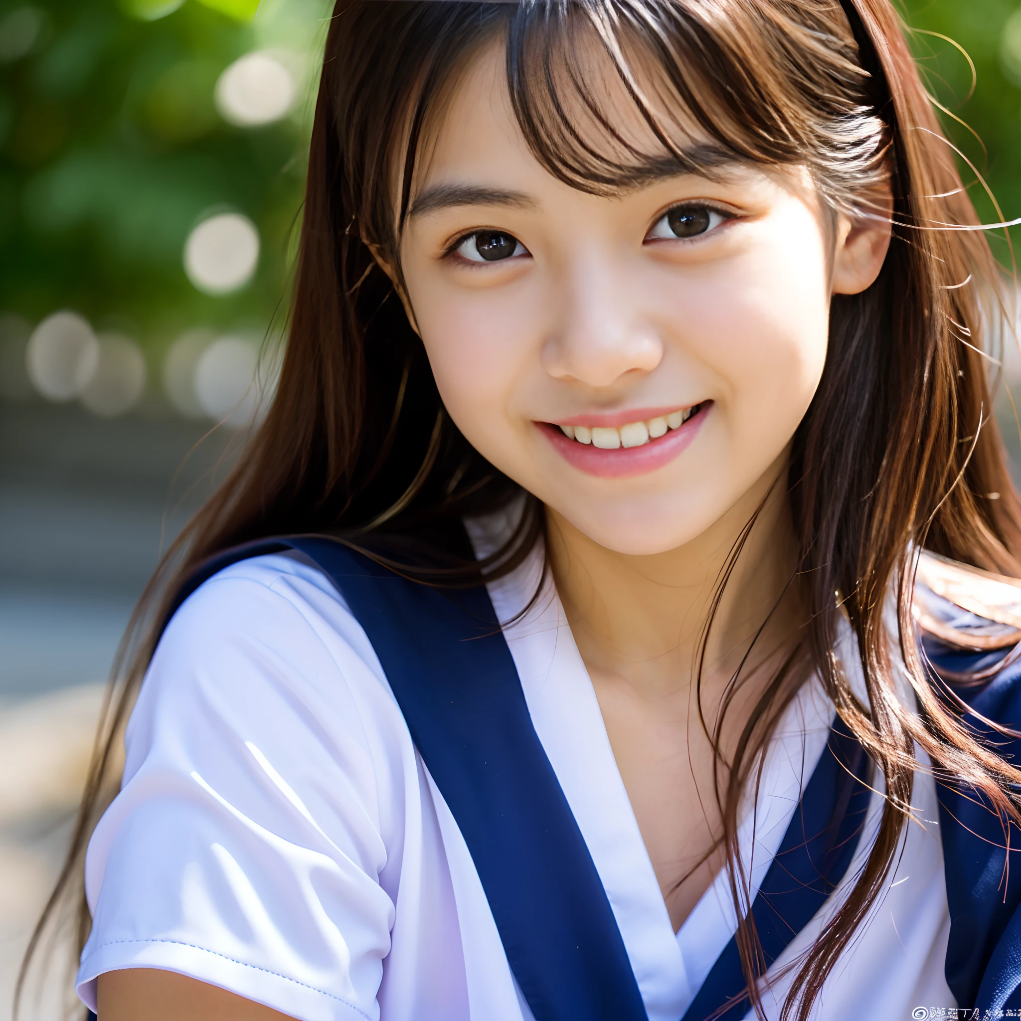15 year old beautiful girl、Absolutely Beautiful Girl、quite thin、big breasts、whole body、Slim body type、young face、baby face、white blouse、uniform、high school student、short skirt、Angle that allows you to see the lower body、thin waist、thin legs、beautiful skin、medium long hair、at the park、thin and 、smile、show your teeth