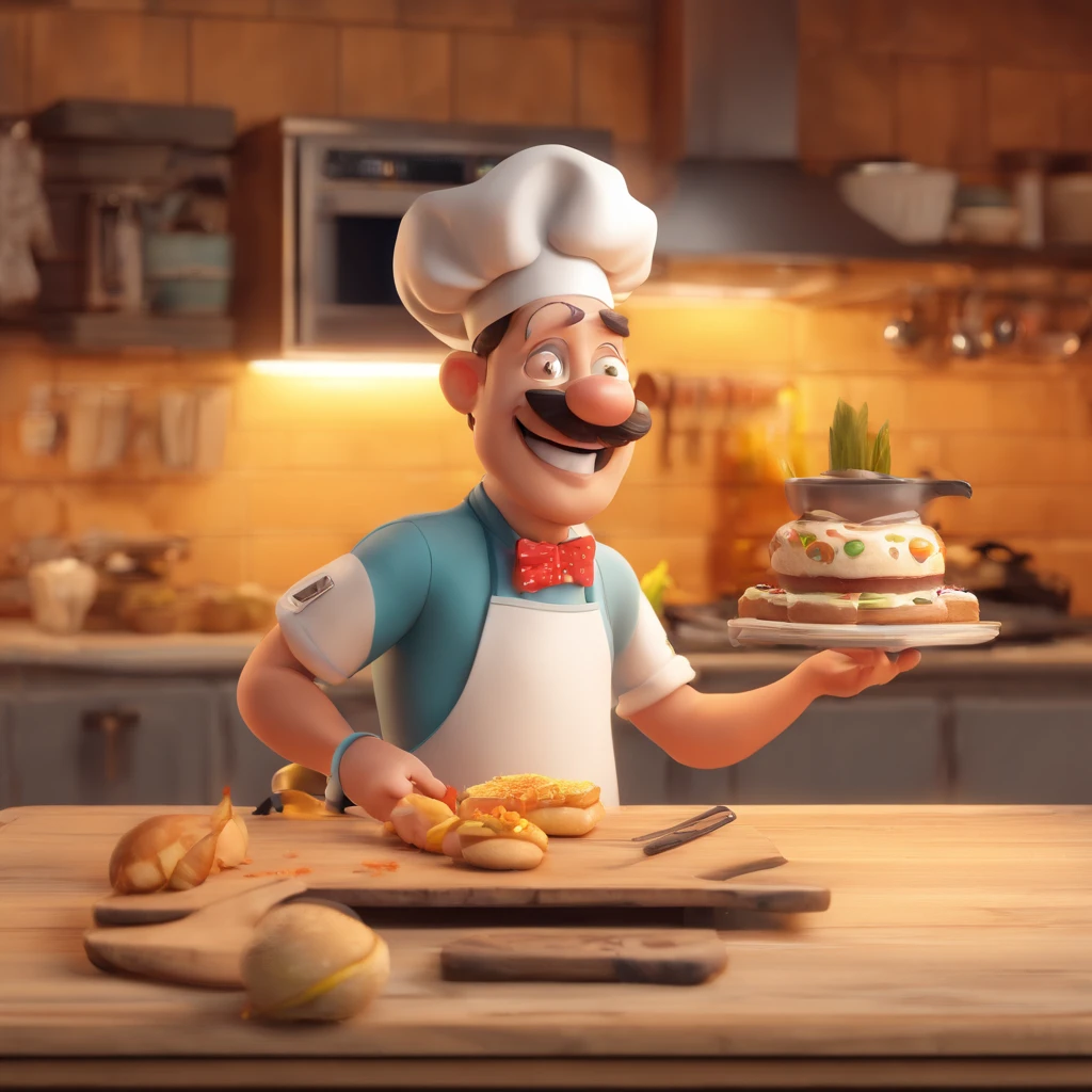 Crie uma cena de desenho animado estilo 3d -Pixar, Onde um homem, pardo com 38 anos de idade, She's cooking dressed as a pastry chef.