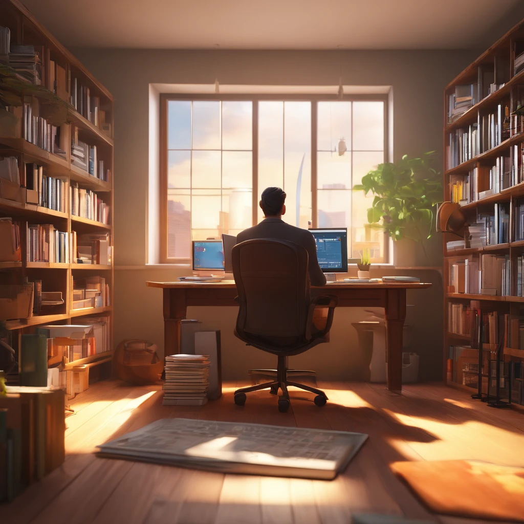 Create a poster inspired by Disney Pixar with the character as a 40-year-old man, short black hair, without glasses, wearing a suit and no tie, smiling, in an office with notebook on the table, modern style bookshelf full of books, office window with background of various buildings