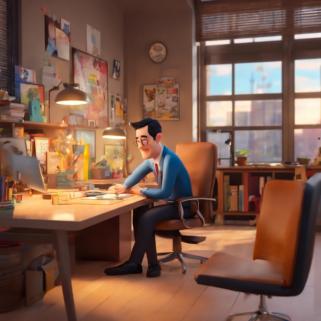 Create a poster inspired by Disney Pixar with the character as a 40-year-old man, short black hair, without glasses, wearing a suit and no tie, smiling, in an office with notebook on the table, modern style bookshelf full of books, office window with background of various buildings
