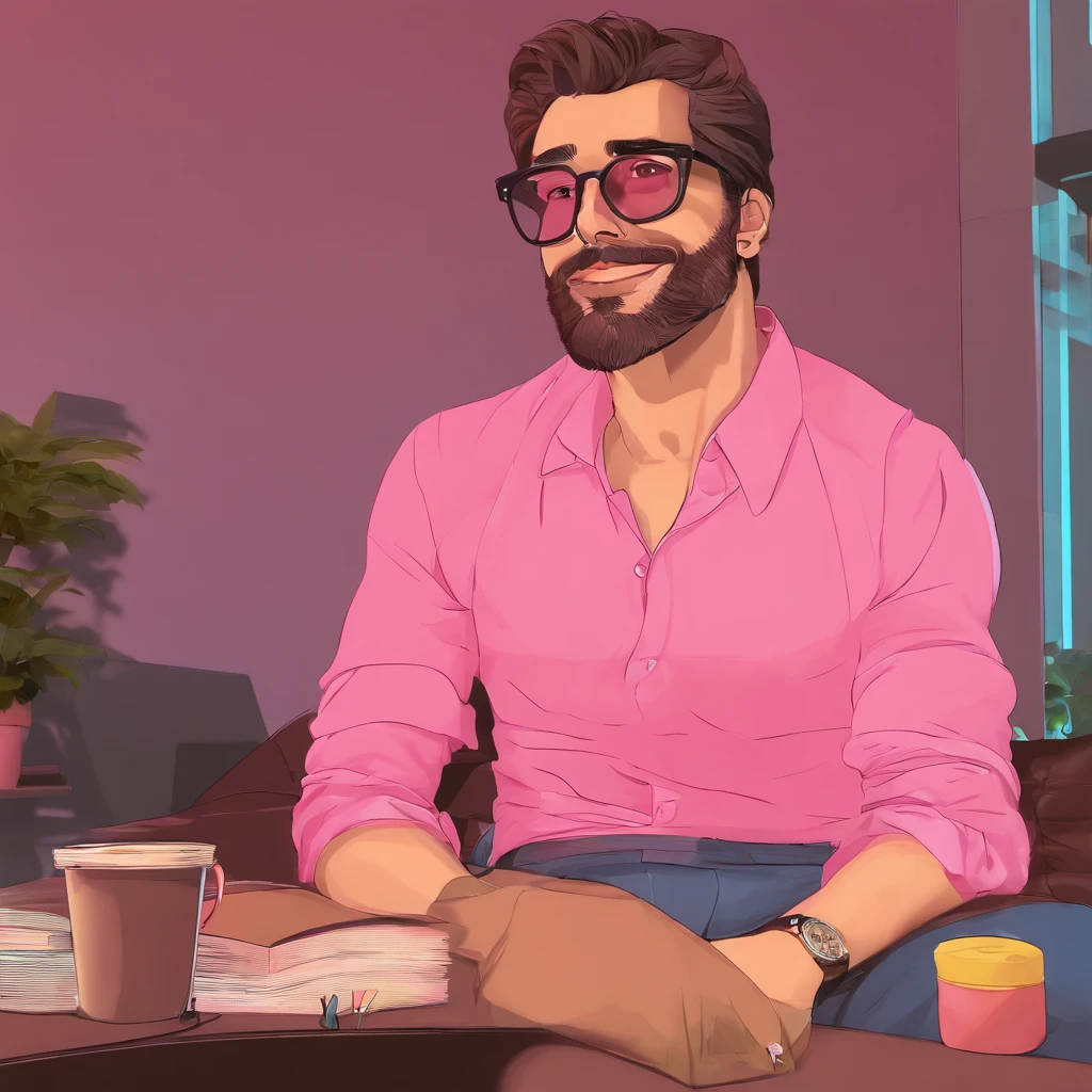 Man in pink shirt and glasses, caio santos, david rios ferreira, José Moncada, andres rios, Mohamed Chahin, icaro carvalho, taken in the early 2020s, illuminated by the light of a lamp, contra o pano de fundo de uma biblioteca