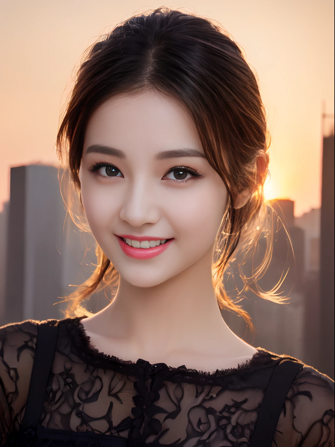 ((top-quality、8K、​masterpiece:1.3))、extremely delicate and beautiful girl，realisticlying，Incredibly absurd，abstract  art，From waist to shoulders，catch，extra detailed body，Short Black Hong Kong Style Hair，，Floating hair，light brown hair，Vitone Hair，beautiful fine hair，Exquisite and beautiful face，Light smile，Clear eyes， Black colored eyes，Neck_bow ribbon，frilld_Dress，beautiful and clear background，Beautiful sky，full bloom，very precise details，absurderes，extremely CG，((A sexy mature girl:1.5))、Thick lip、Crimson Lip Gloss、eye make up、((40 years:1.5))、Sweaters、manhattan, New York、Sunset sky、With smiling eyes