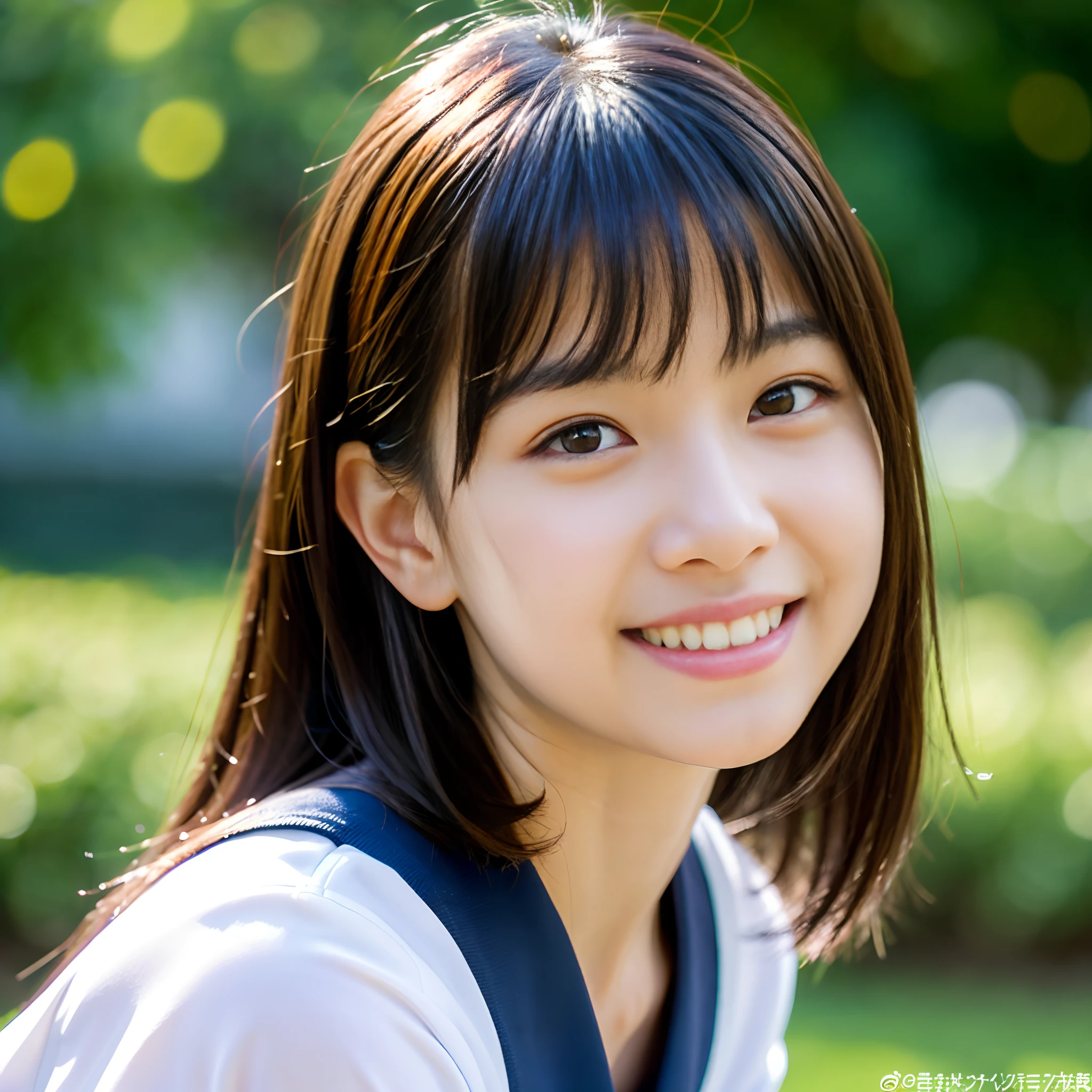 lens: 135mm f1.8, (highest quality),(RAW Photos), (Tabletop:1.1), (Beautiful  Japanese girl), Cute face, (Deeply chiseled face:0.7), (freckles:0.4), dappled sunlight, Dramatic lighting, (Japanese School Uniform), (On campus), shy, (Close-up shot:1.2), (smile),, (Sparkling eyes)、(sunlight)