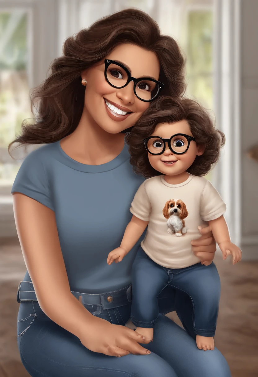 Pixar. Familia com um filhote de cachorro shitzu. A menina tem os cabelos loiros amarrados, Camiseta cinza e jeans claro, white glasses. O menino de cabelos pretos com cabelos grisalhos, barba pequena, oculos, Dark blue jeans and gray t-shirt. They are both smiling and are 40 years old