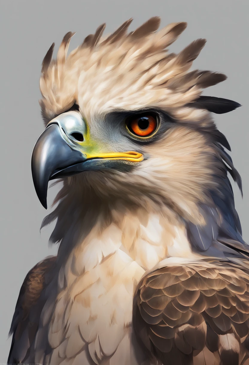 arte splash, A harpy eagle head, ((fundo branco)), olhos penetrantes, epic instagram, art-station, estilo splash de tinta colorida, contorno, hiperdetalhado intrincadamente detalhado , Motor irreal, genial, detalhes intrincados, tela inicial, cores complementares, arte conceitual de fantasia, 8K resolution, Obra-prima do deviantart, oil painting, heavy strokes, gotejamento de tinta, artes de salpicos.The harpy eagle's head is imposing, with gray feathers around the neck and a crest of feathers on the back (resembling a roan), highlighting its majesty. Its dark feathers contrast creating an elegant and regal appearance. Its curved and sharp beak, which varies between shades of gray and black