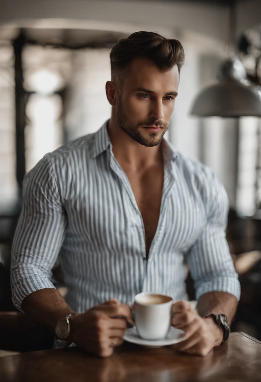 1 homem,
a 30 y.o muscular man, vestindo camisa branca de manga comprida e gravata, drinking coffee,
luz suave,
obra-prima, best quality, 8k UHD, DSLR, Filmkorn, Fujifilm XT3 pintura fotorrealista por Midjourney e Greg Rutkowski