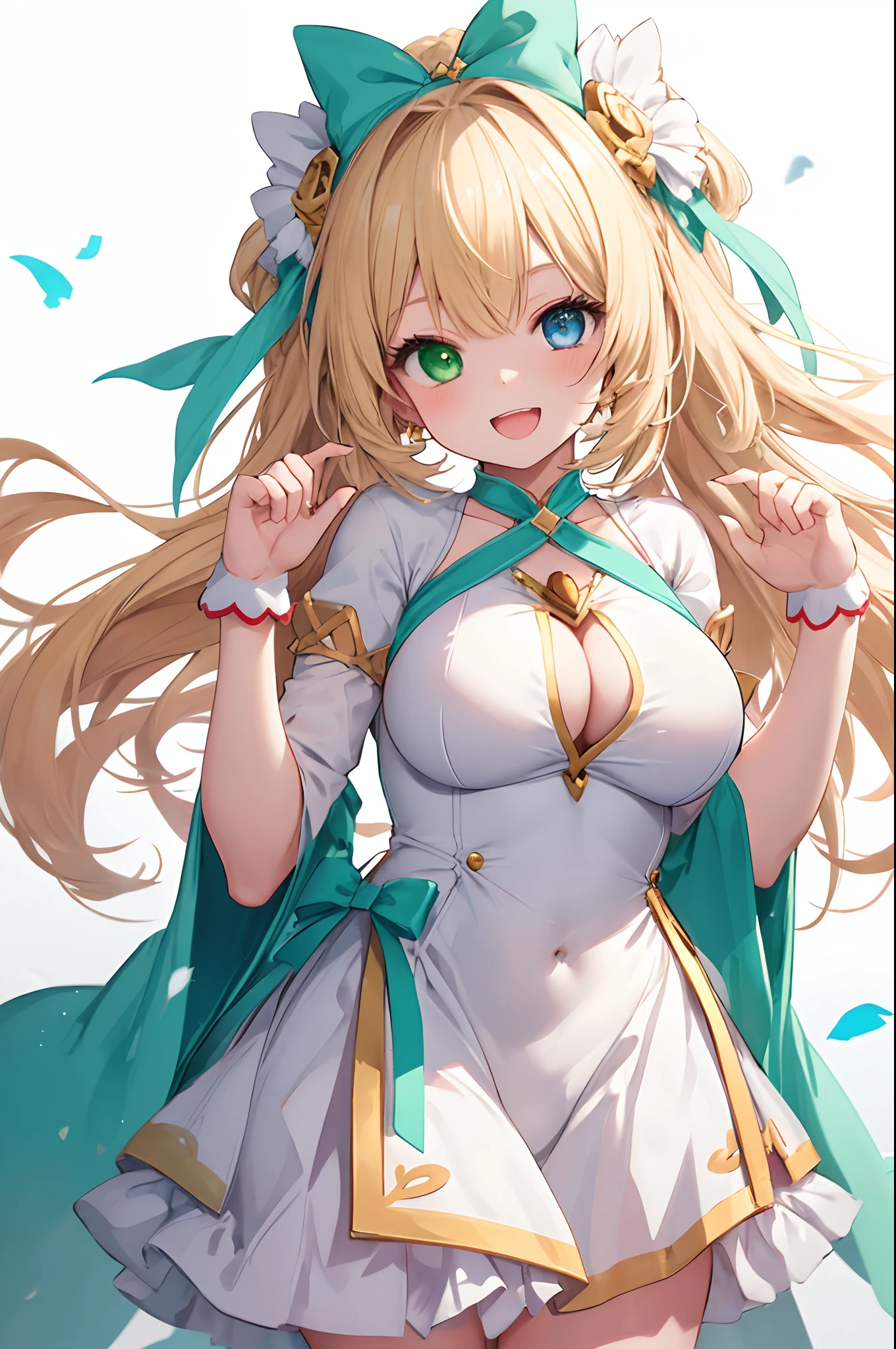 tiny girl,Colossal tits,Smile with open mouth,a blond,magical girl costume,hair adornments,Heterochromia,Blue and green eyes,Top image quality,Best Quality
