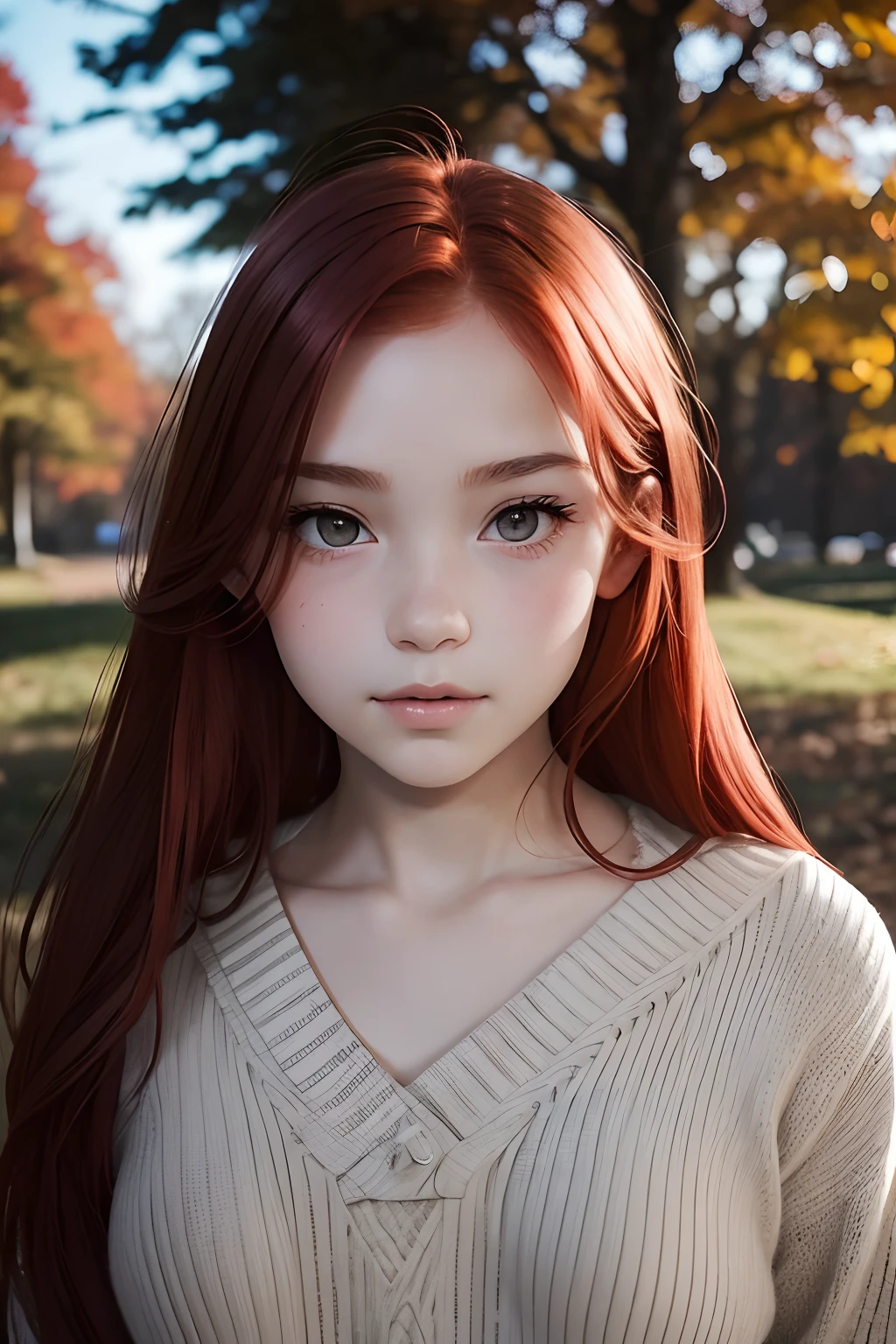 A close-up of a girl's face bathed in orange hues, wearing a sweater, sitting outside a park, as if lit by the soft glow of a sunset, her eyes sparkling with joy and contentment, framed by wisps of flowing auburn hair, Photography, shot with a 35mm lens