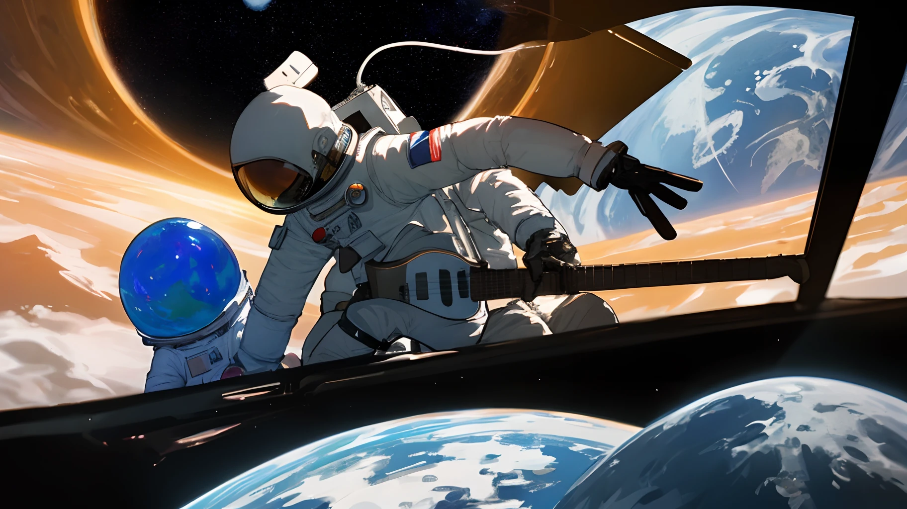 Create an image of an astronaut playing guitar and an alien playing drums. They're on the moon and the earth appears in the background.