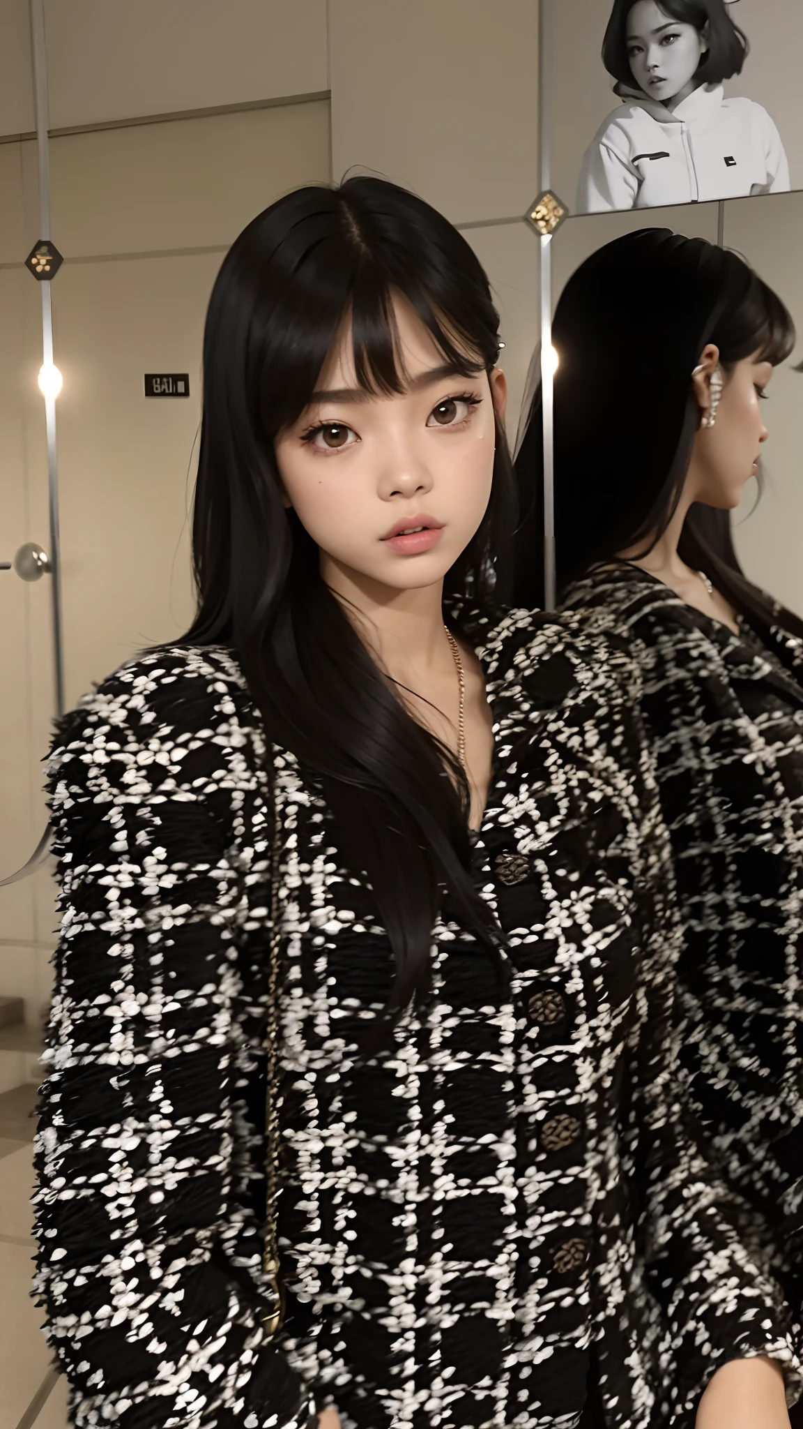 Mujer con una chaqueta blanca y negra de pie frente a un espejo, Blackpink Jennie, Ella tiene el pelo negro con flequillo, Parque Roseanne de Blackpink, Lalisa Manoban de Blackpink, Jossi de Blackpink, Lalisa Manobal, Gongbi, Retrato de Jossi de Blackpink, con flequillo, tzuyu de dos veces, Jisoo de Blackpink