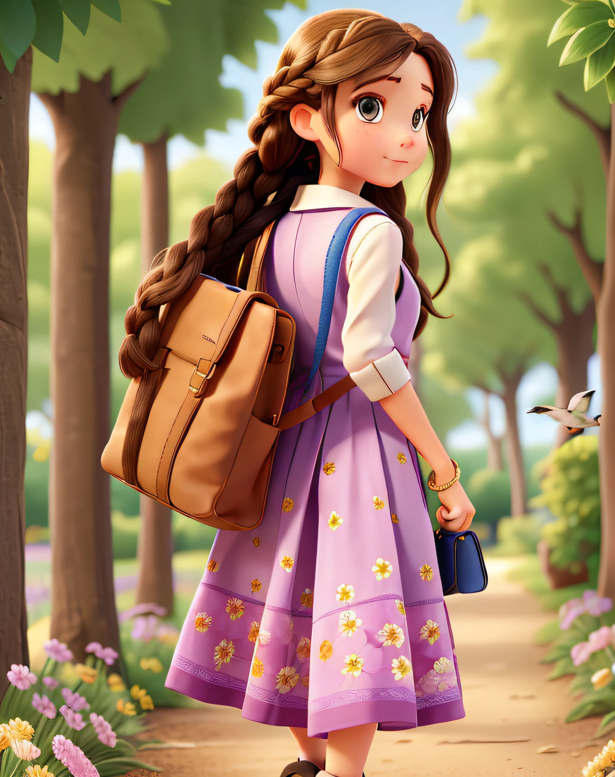brunette girl with braids, in a long flowered dress, with a bag with magazines, walking backwards towards the horizon along a path of flowers with birds