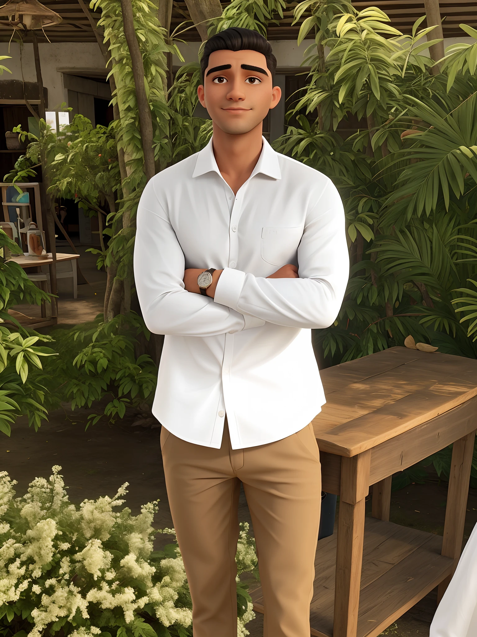 Man in white shirt and tanned pants standing in front of a table, andres rios, wearing a white button up shirt, vestindo roupas brancas, victor maristane, caio santos, imagem de corpo inteiro, Cristiano Orrillo, david rios ferreira, vestindo camisa branca, vestindo uma camisa branca, em frente a um fundo de floresta, henry ascensio