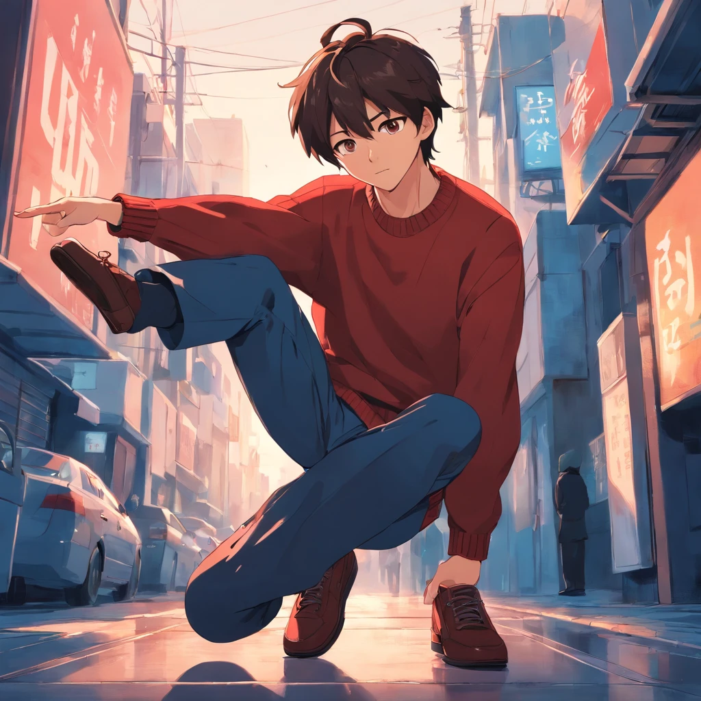 Man in a red sweater, pelo negro, brown eyes, Pantalones azul oscuro, zapatos blancos Explaining with outstretched hand