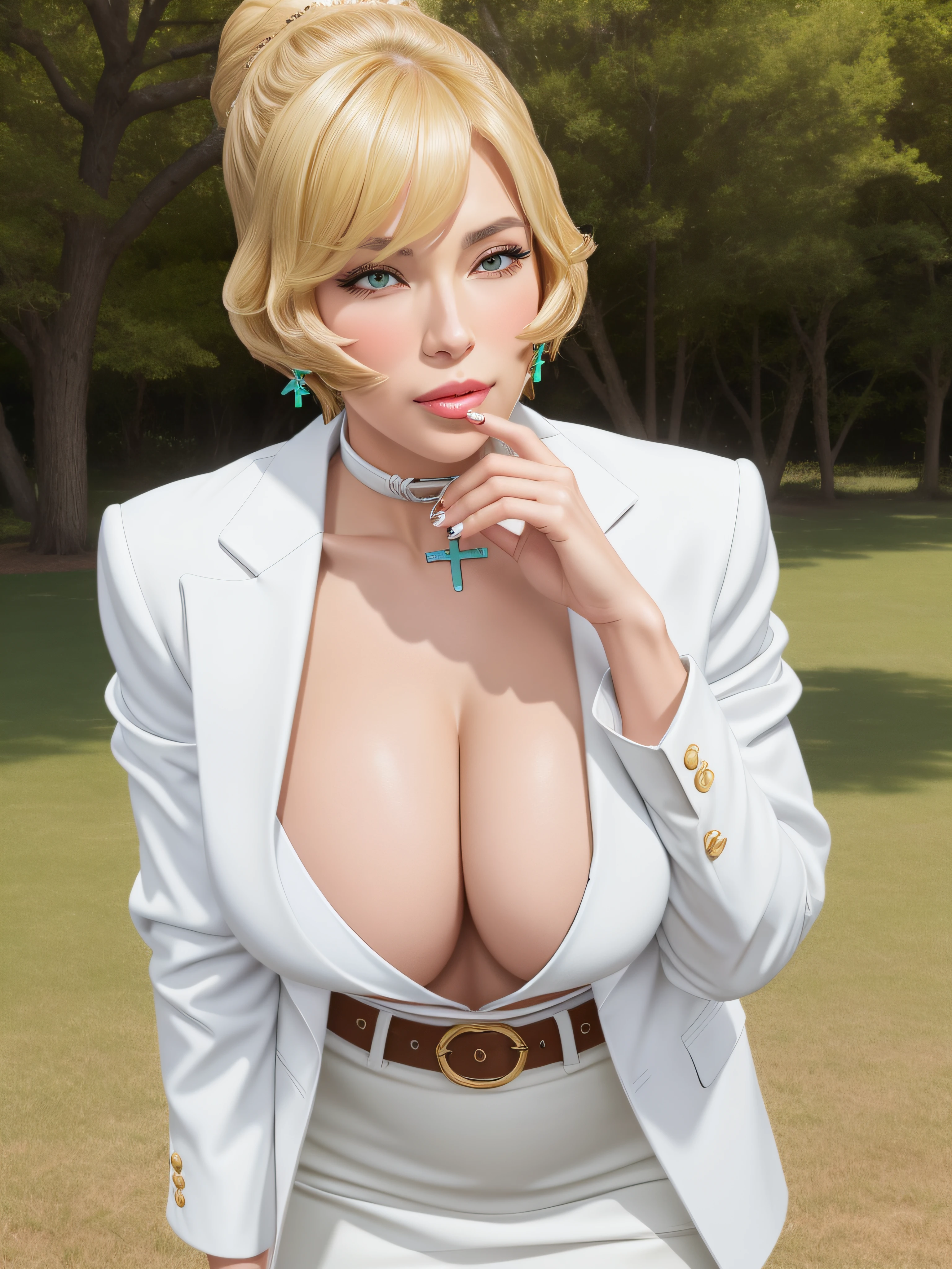 (highres, best quality:1.3), sharp focus, professional artwork,
NijouShizue, solo, mature female, (hands on cheeks:1.4), blush, flirting, squining, looking at viewer, cowboy shot, green park, summer, sunny weather, trees, grass,
(blonde hair, short hair, single hair bun:0.8), makeup, lipstick, blue eyes, perfect eyes, perfect face, detailed face, jewelry, cross earrings, choker
black pantyhose, (corset:0.7), (open white shirt:1.1), white pencil skirt, belt,
large breasts, cleavage,